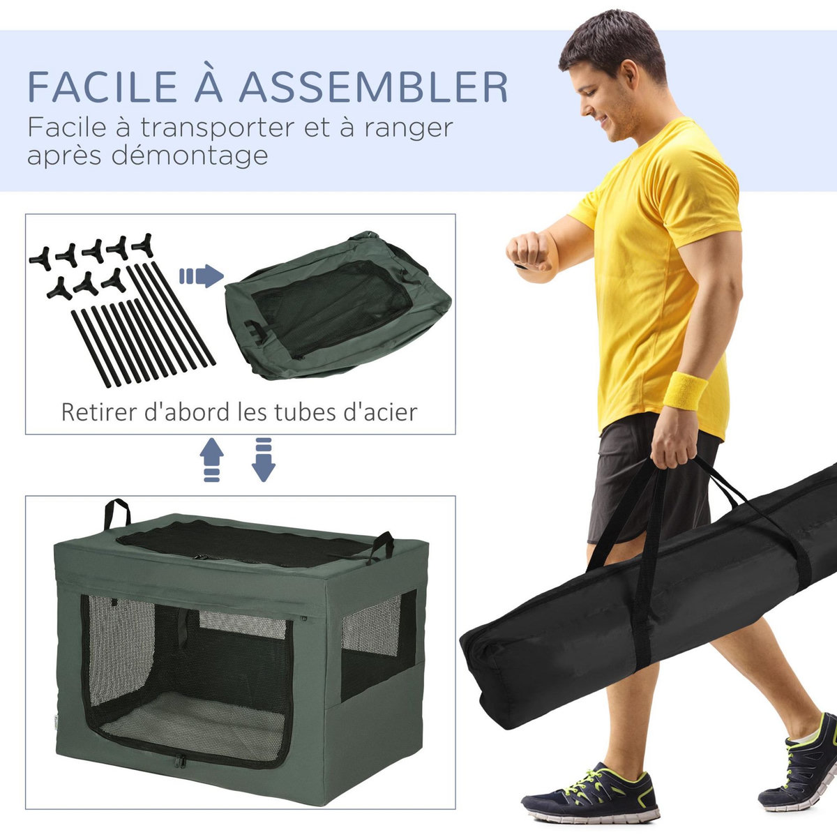 PAWHUT Sac de transport pliable pour chien chat - 2 poignées, 3 portes - dim. 79L x 57l x 57H cm - acier polyester gris