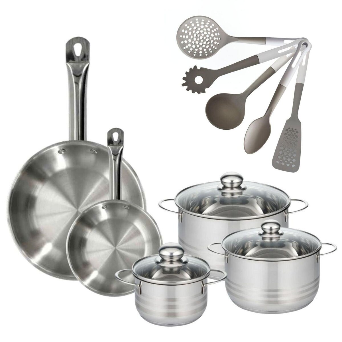 Fackelmann Lot de 2 Poêles en inox 20/28 cm Fackelmann Eterna avec 3 Faitouts 16/20/24 cm et 5 ustensiles