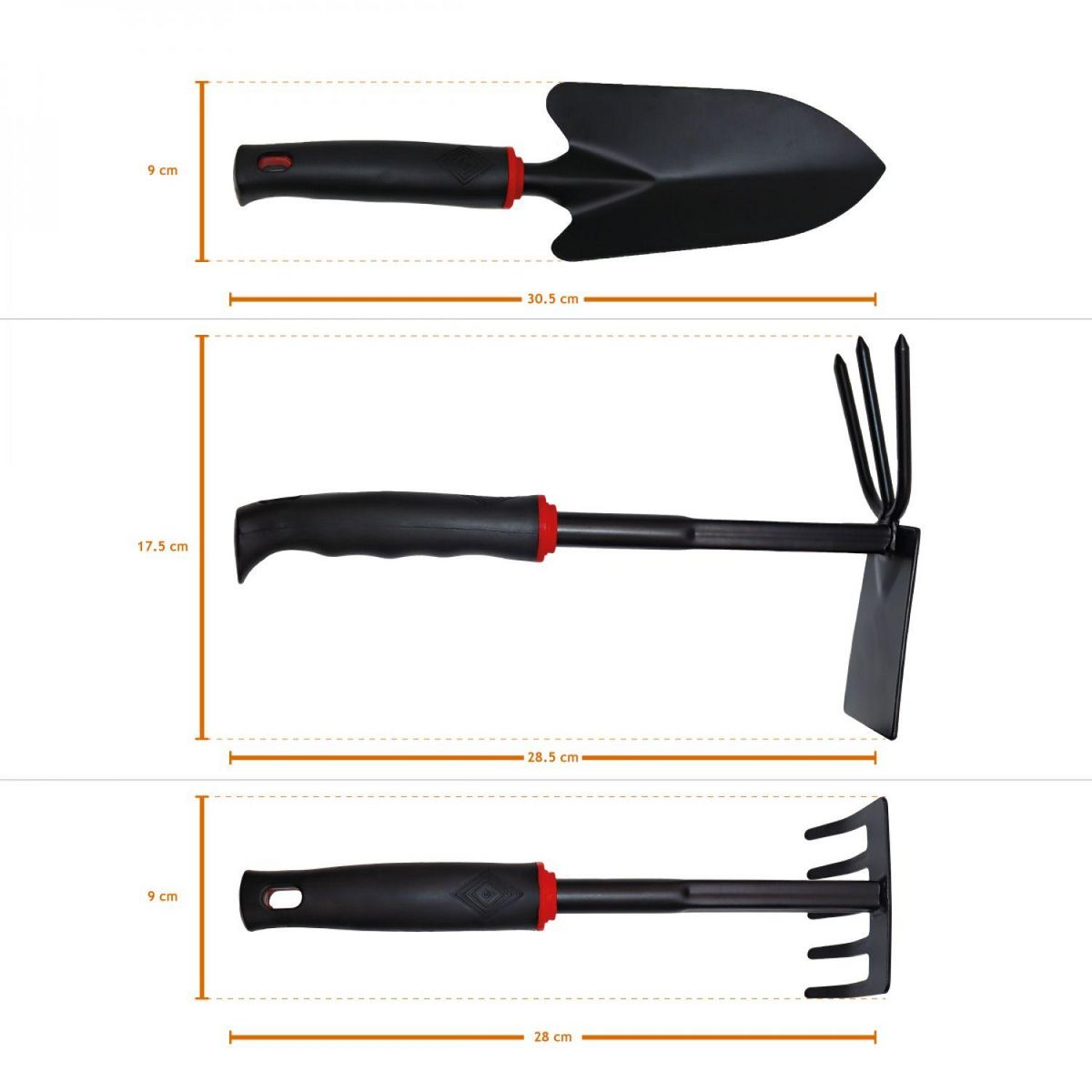LINXOR Lot de 3 outils de jardinage à main en acier inoxydable - Noir