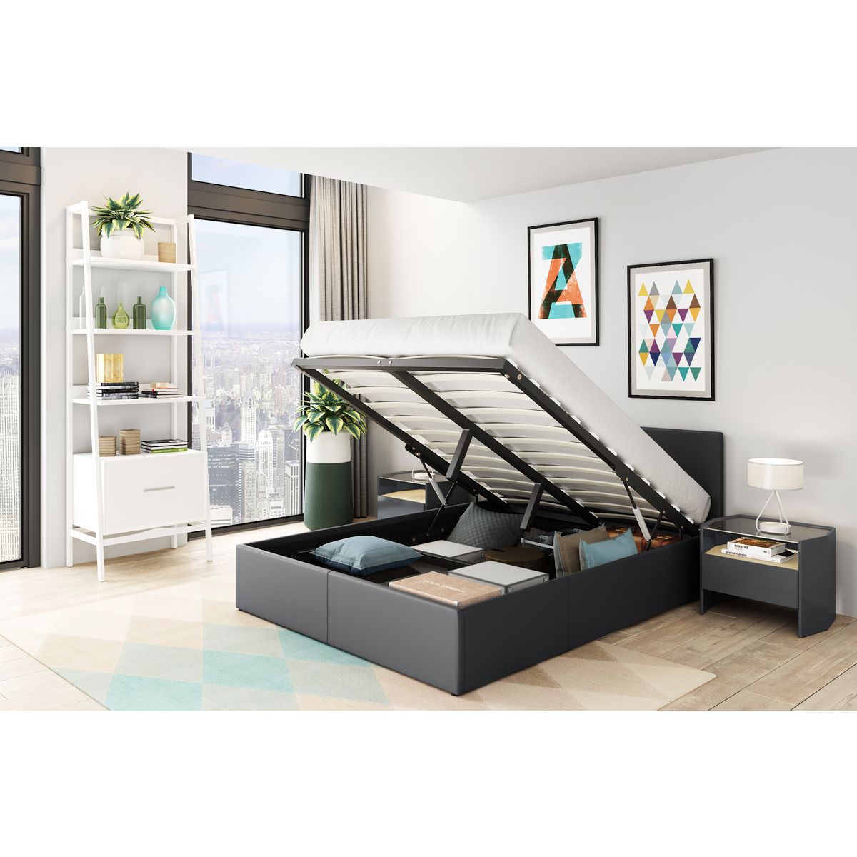 Lit coffre 160x200 cm sommier inclus avec tete de lit WILLOW