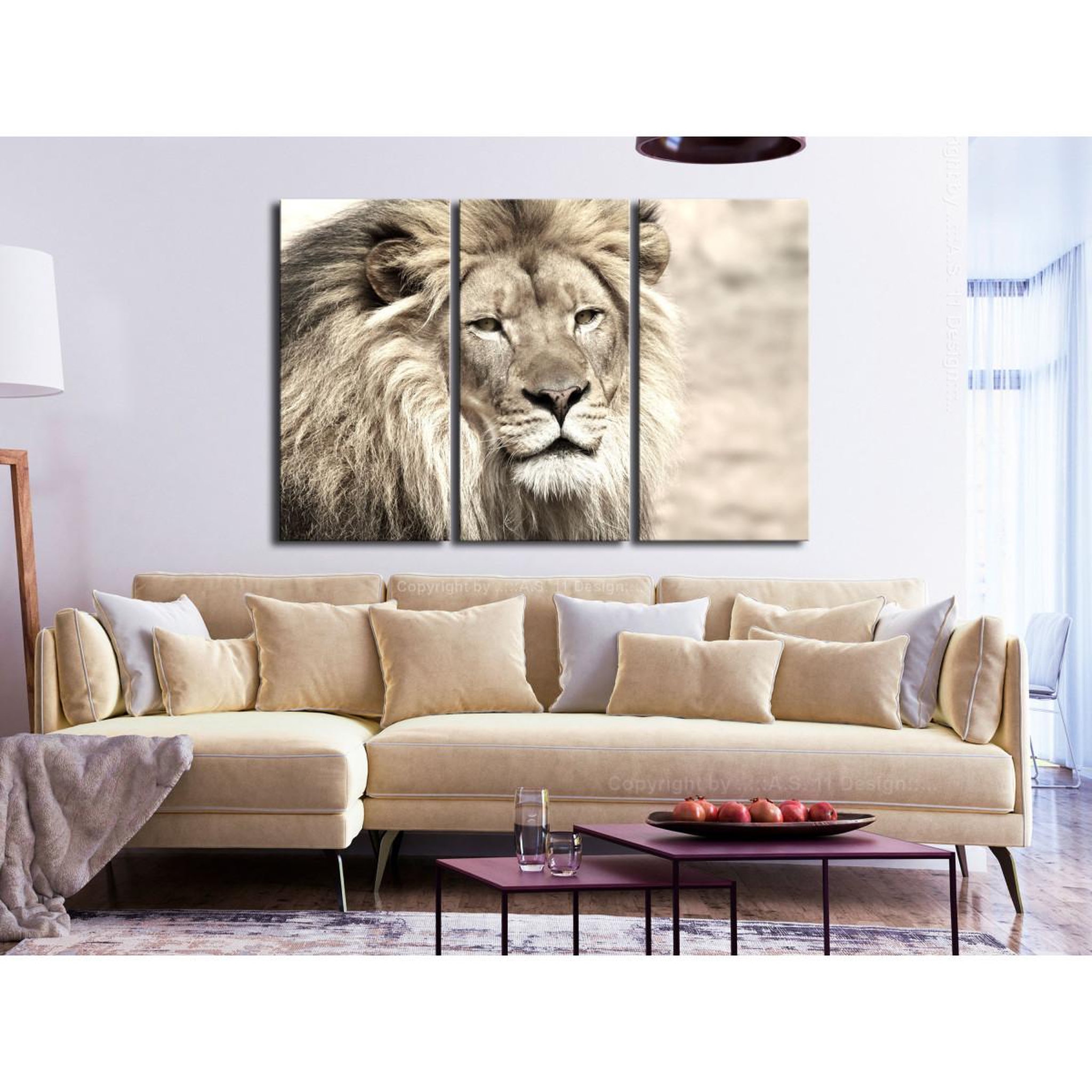 Voir la diapositive 2 : Paris Prix Tableau 3 panneaux  the king of beasts beige