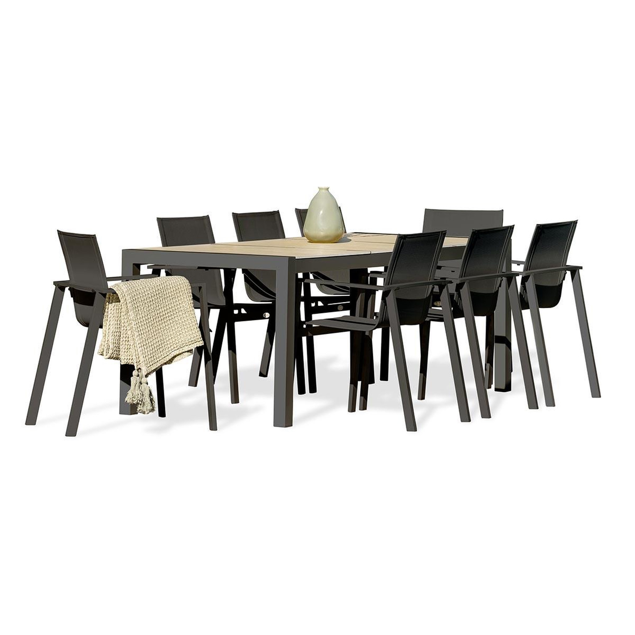 DCB GARDEN Ensemble Table de Jardin en Céramique & 8 Fauteuils  Venise  195cm Gris Anthracite