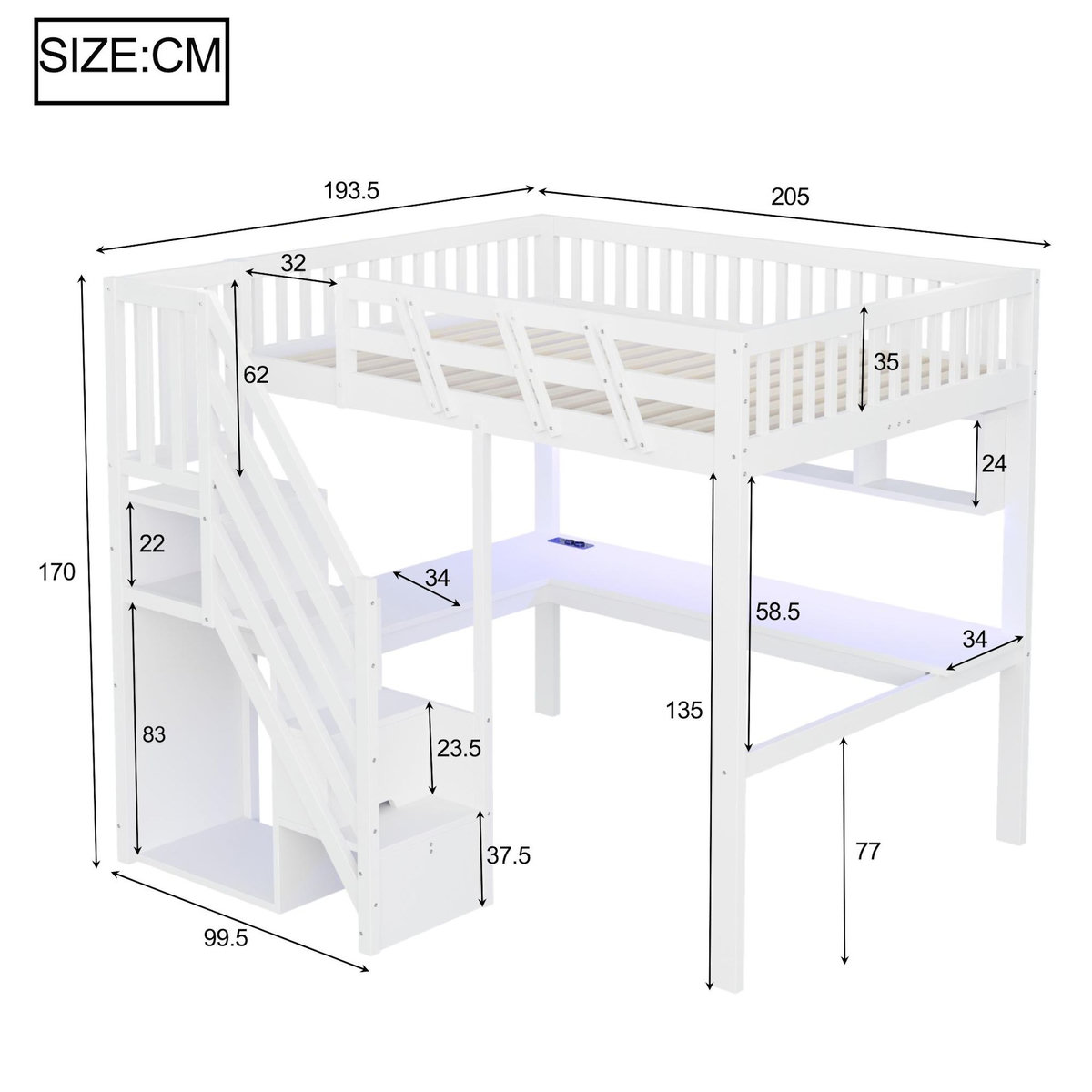 MERAX Lit mezzanine 140x200 cm coloris blanc led bois massif