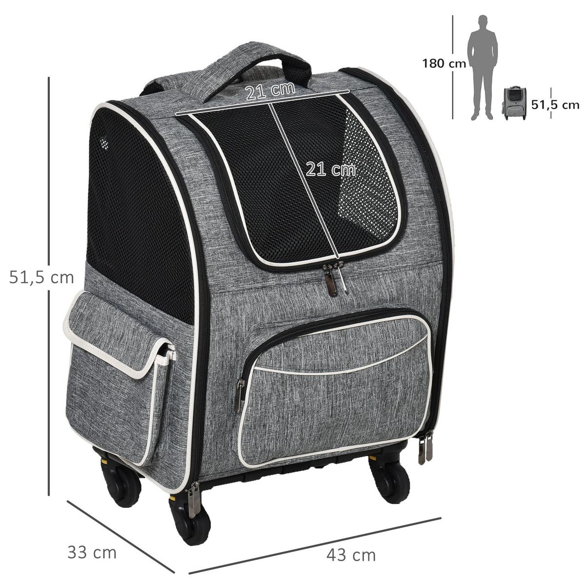 PAWHUT 2 en 1 trolley chariot sac à dos sac de transport à roulettes pour chien chat gris