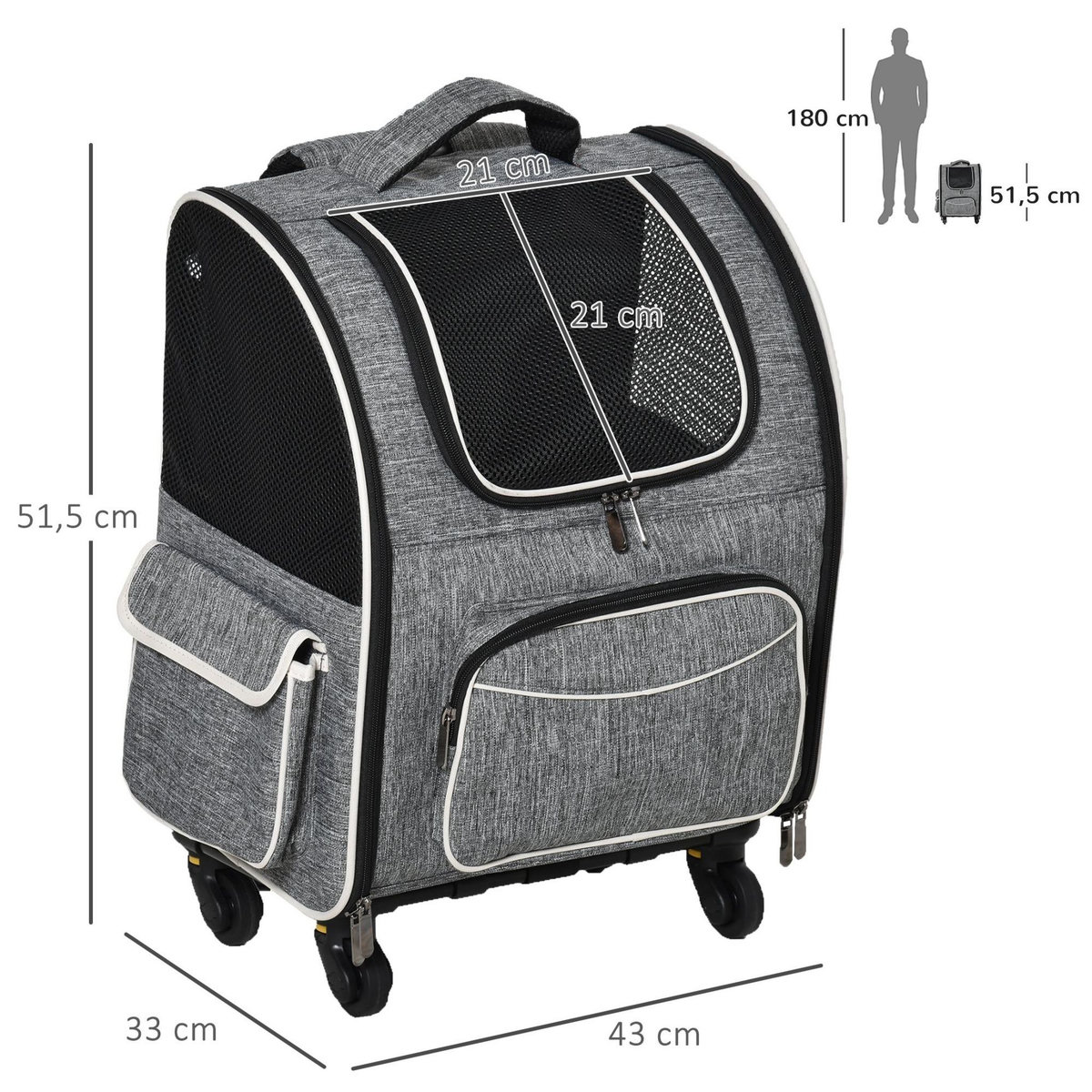 PAWHUT 2 en 1 trolley chariot sac à dos sac de transport à roulettes pour chien chat gris