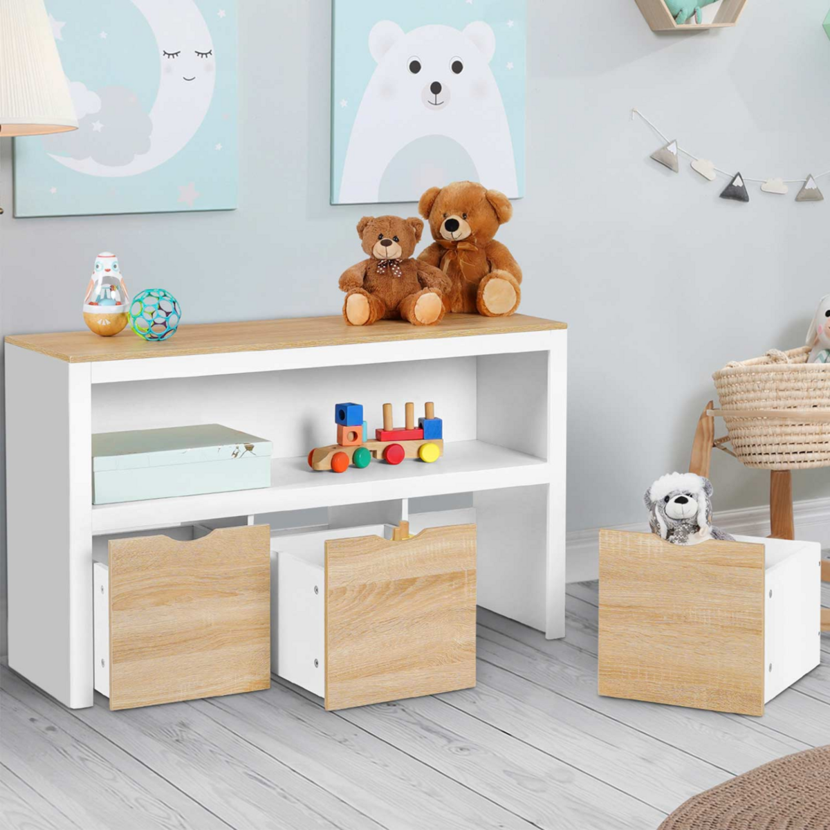 ID MARKET Meuble de rangement enfant MANA en bois blanc et hêtre 3 tiroirs cubes sur roulettes