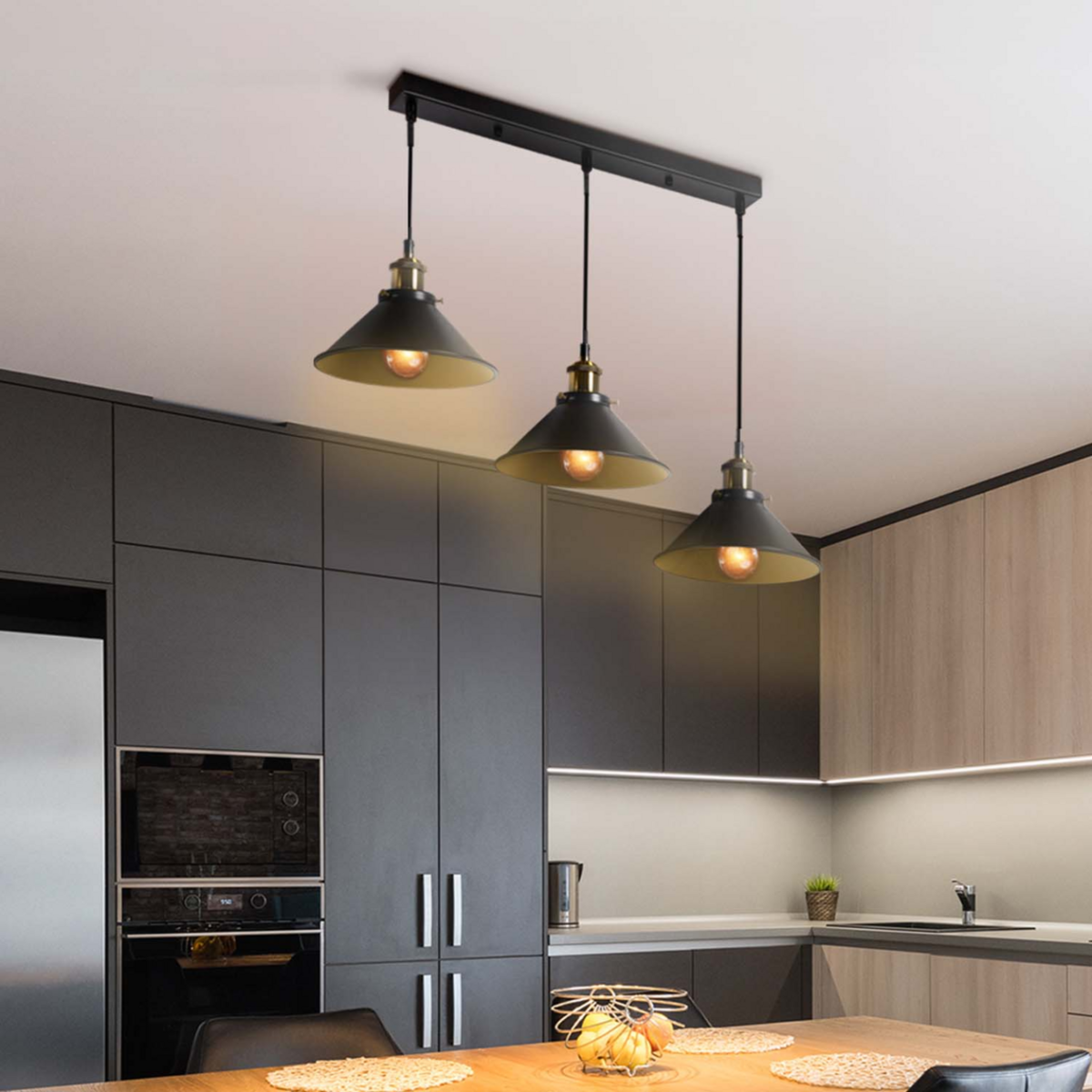 ID MARKET Suspension 3 lampes industrielles vintage en métal noir