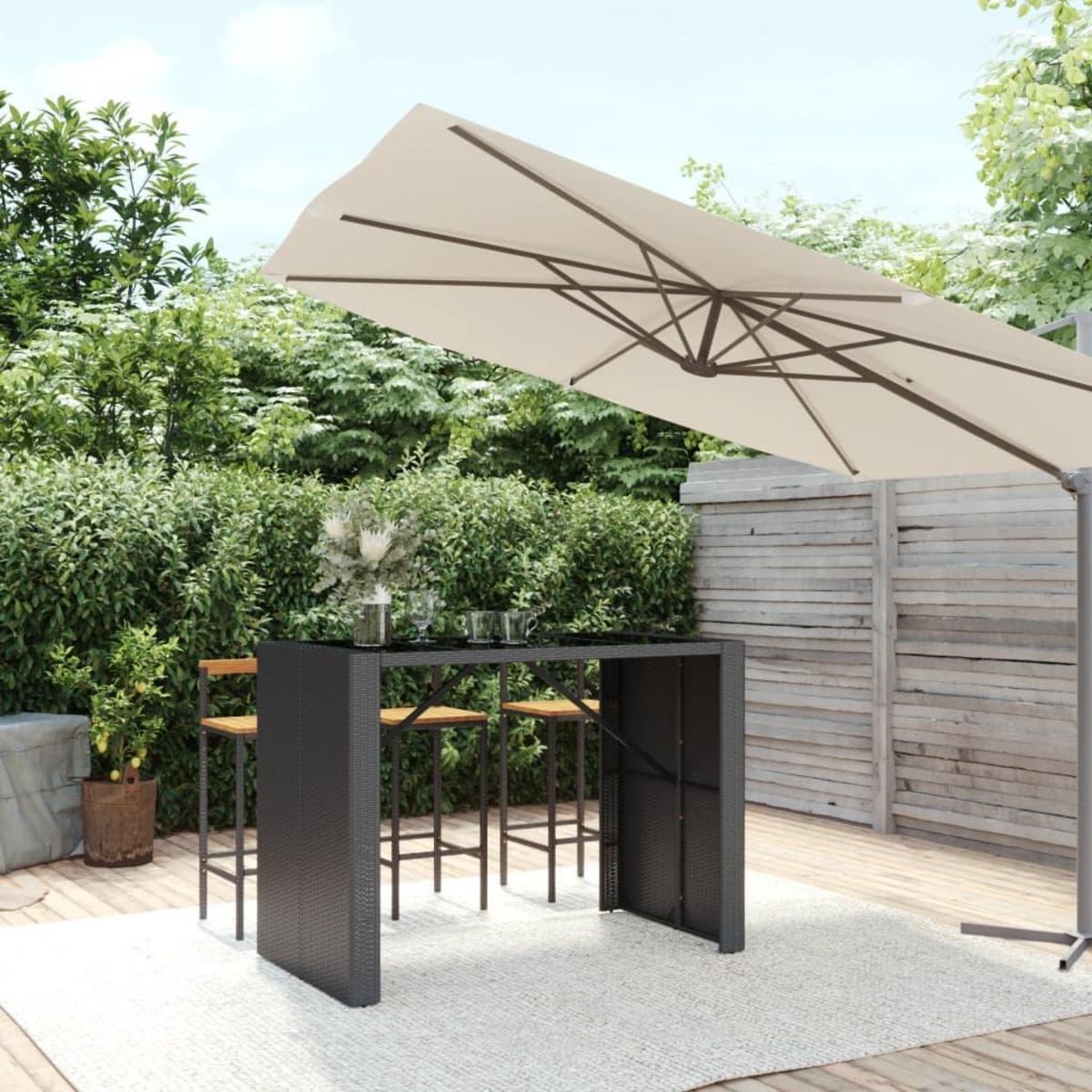 VIDAXL Table de bar et dessus en verre noir 145x80x110 cm poly rotin