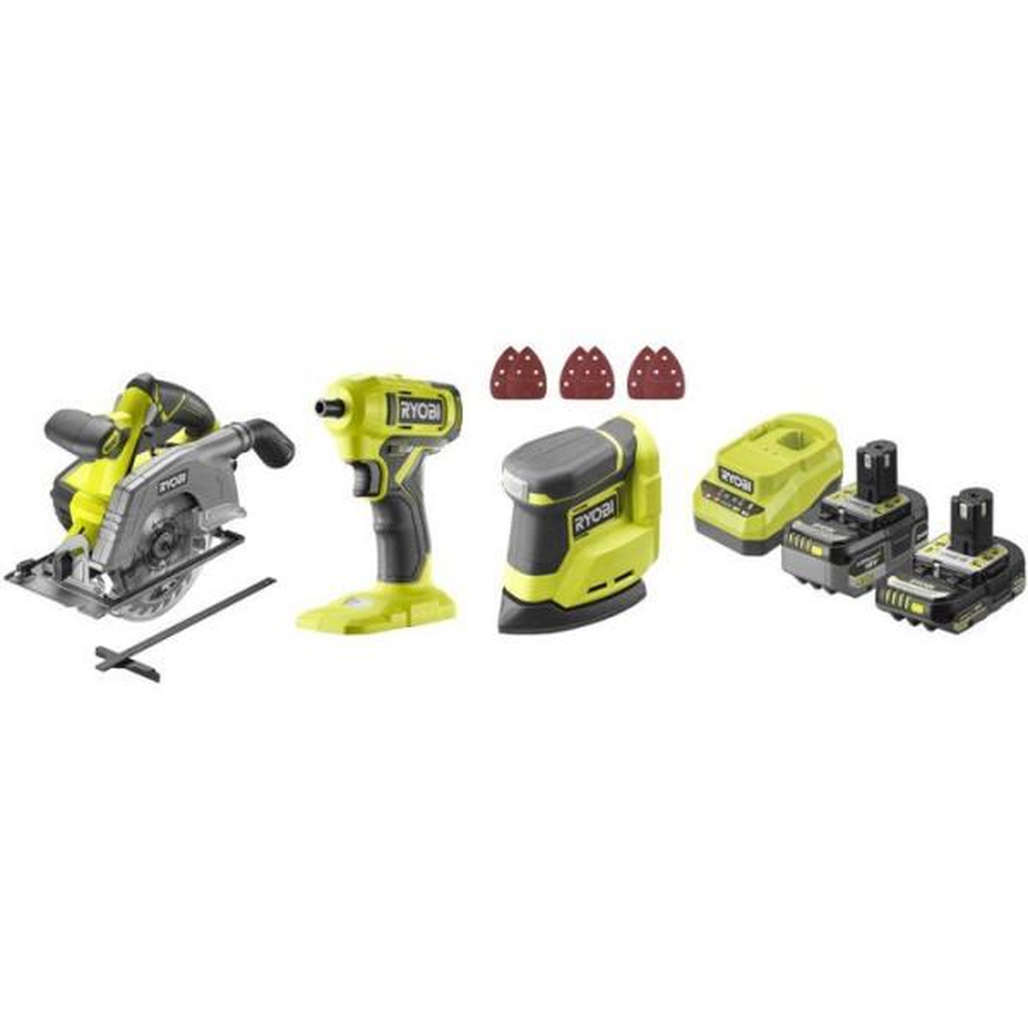 Ryobi Ryobi pack 3 outils one+ 18v perceuse-visseuse + scie sauteuse + ponceuse delta + batteries 4ah & 2ah + chargeur r18ck3g-242g