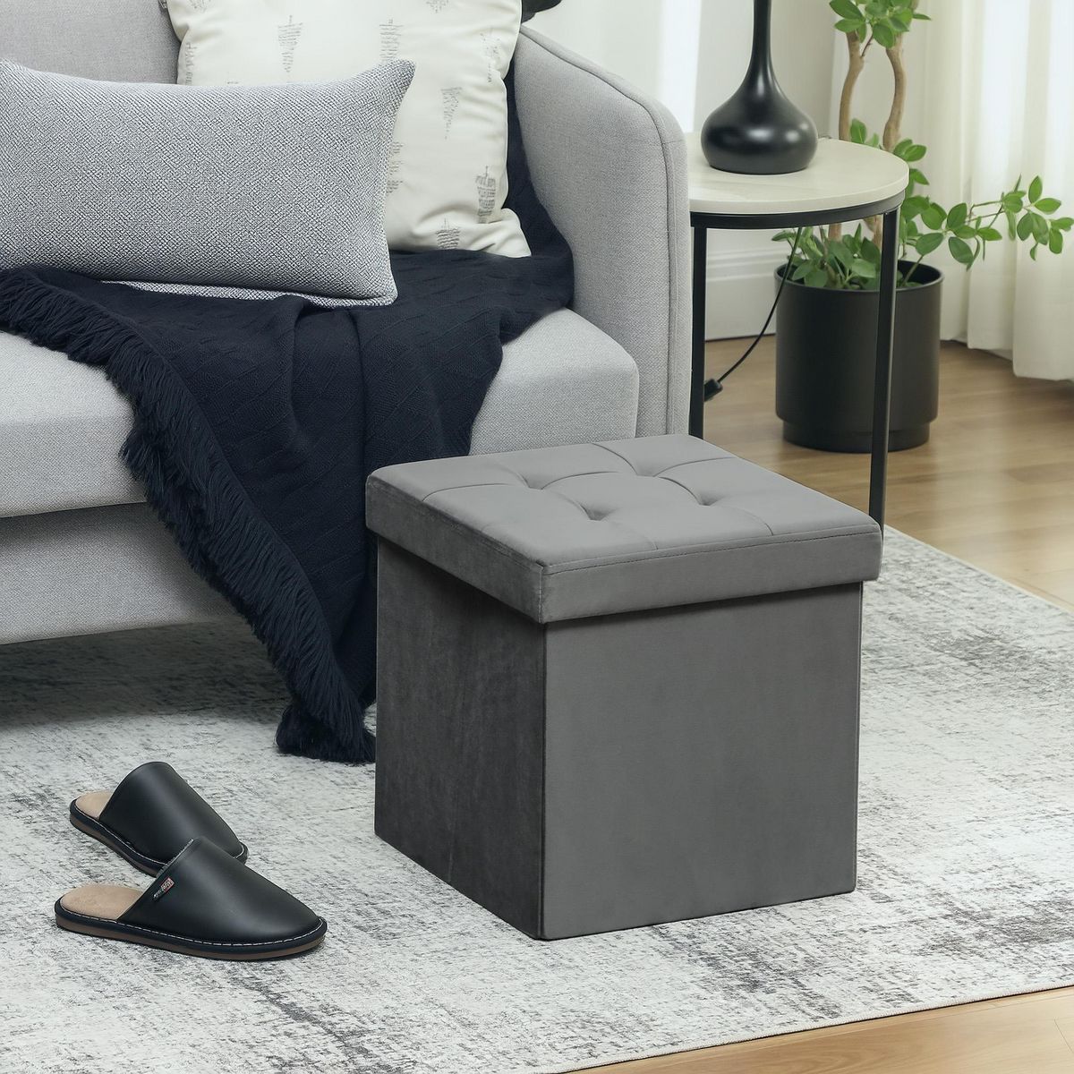 HOMCOM Pouf coffre velours effet capitonné pliable - pouf de rangement - dim. 38x38x38cm - gris