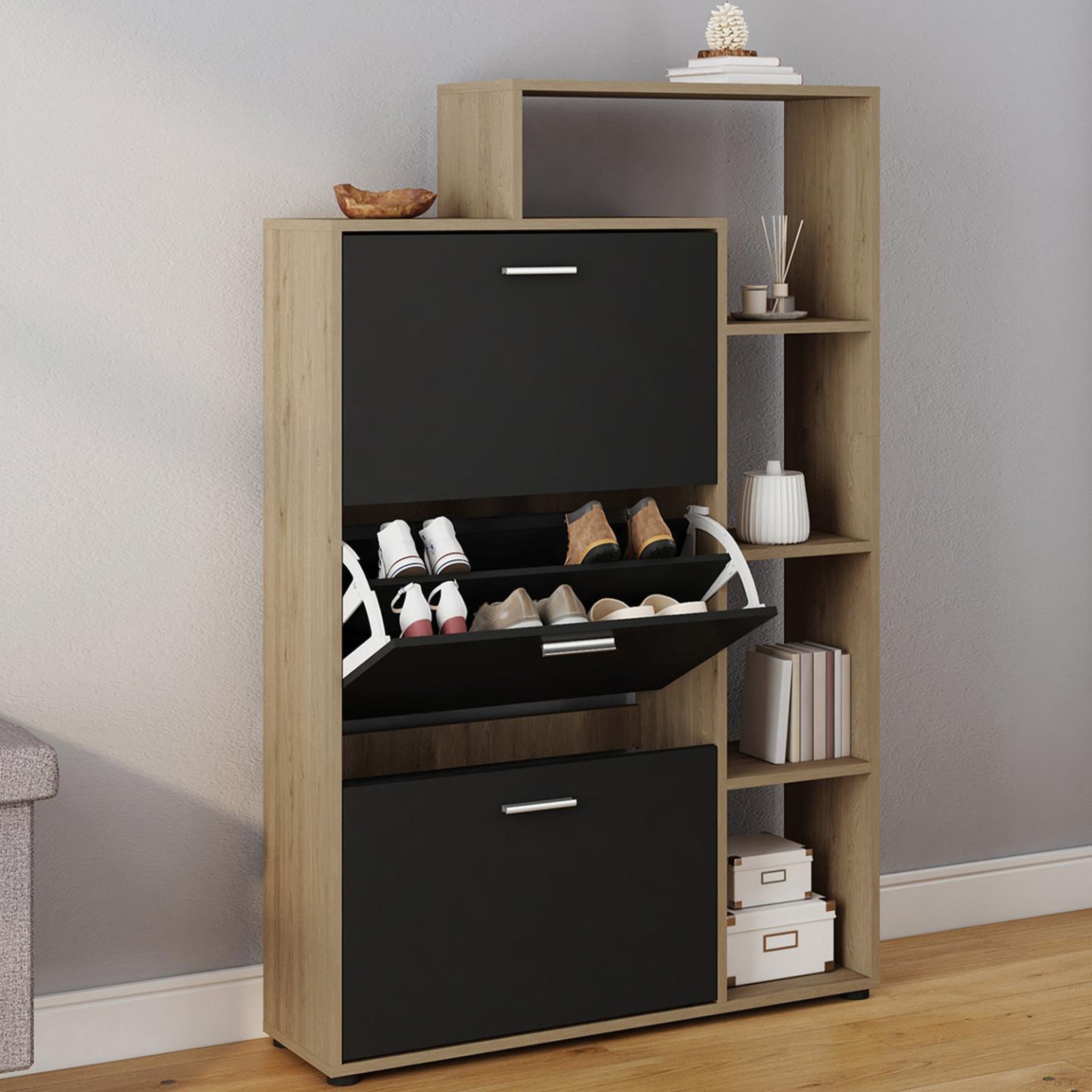 Voir la diapositive 2 : ID MARKET Meuble à chaussures 18 paires klark imitation hêtre 3 portes noires avec étagère