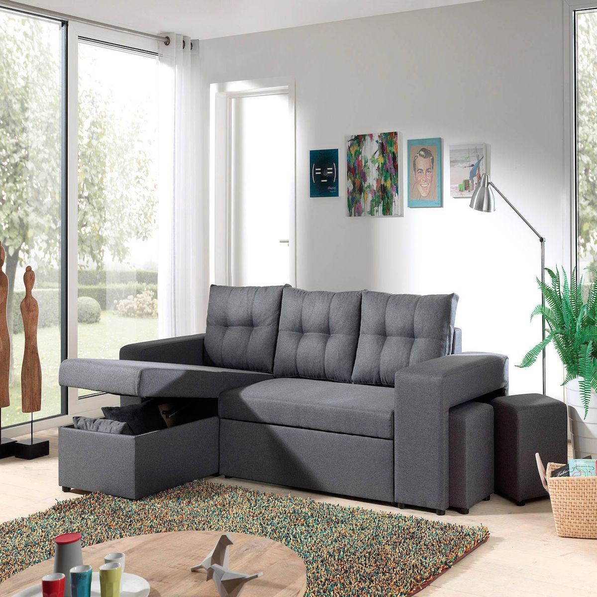 BEST MOBILIER California - canapé d'angle réversible et convertible avec coffre de rangement - gris - gris