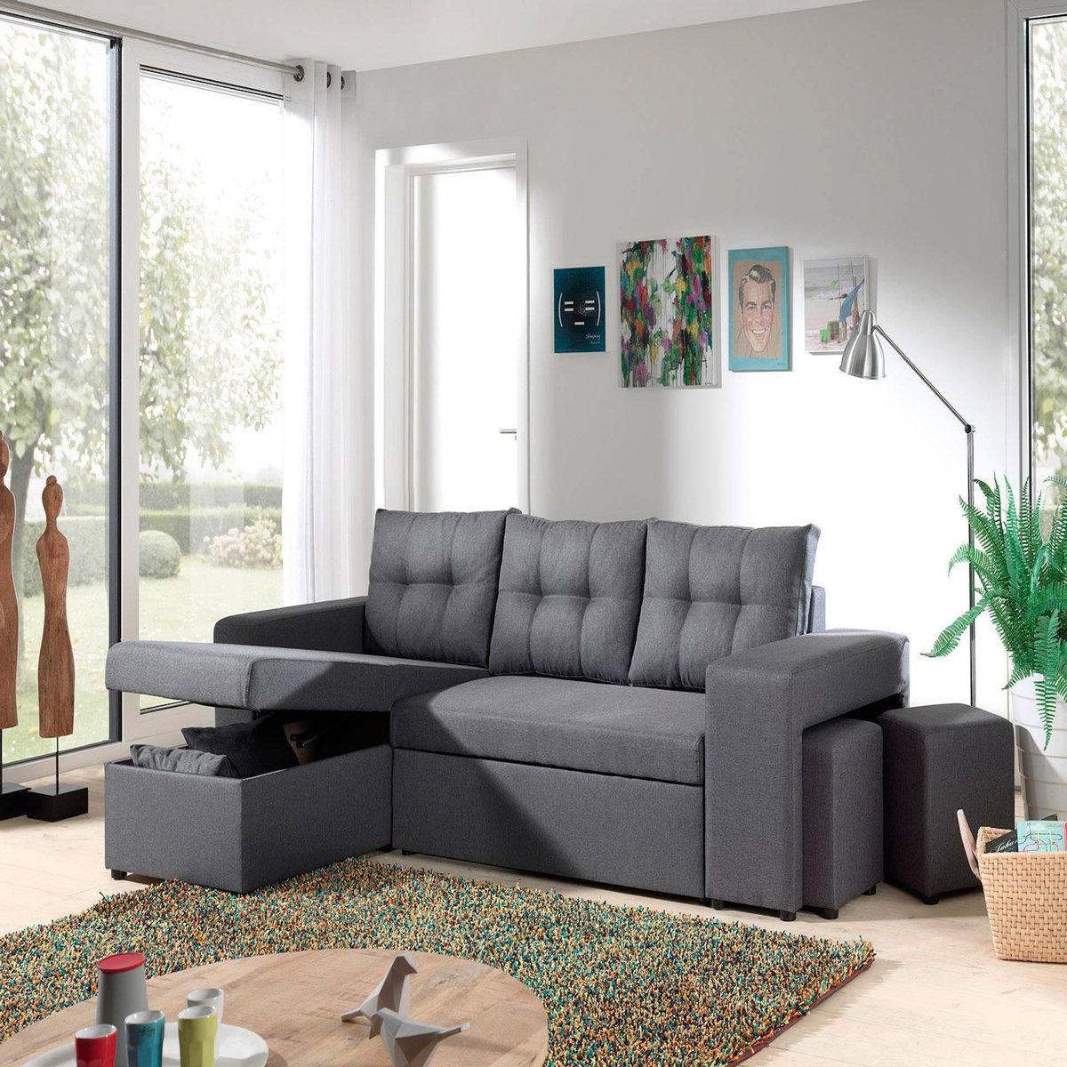 BEST MOBILIER California - canapé d'angle réversible et convertible avec coffre de rangement - gris - gris