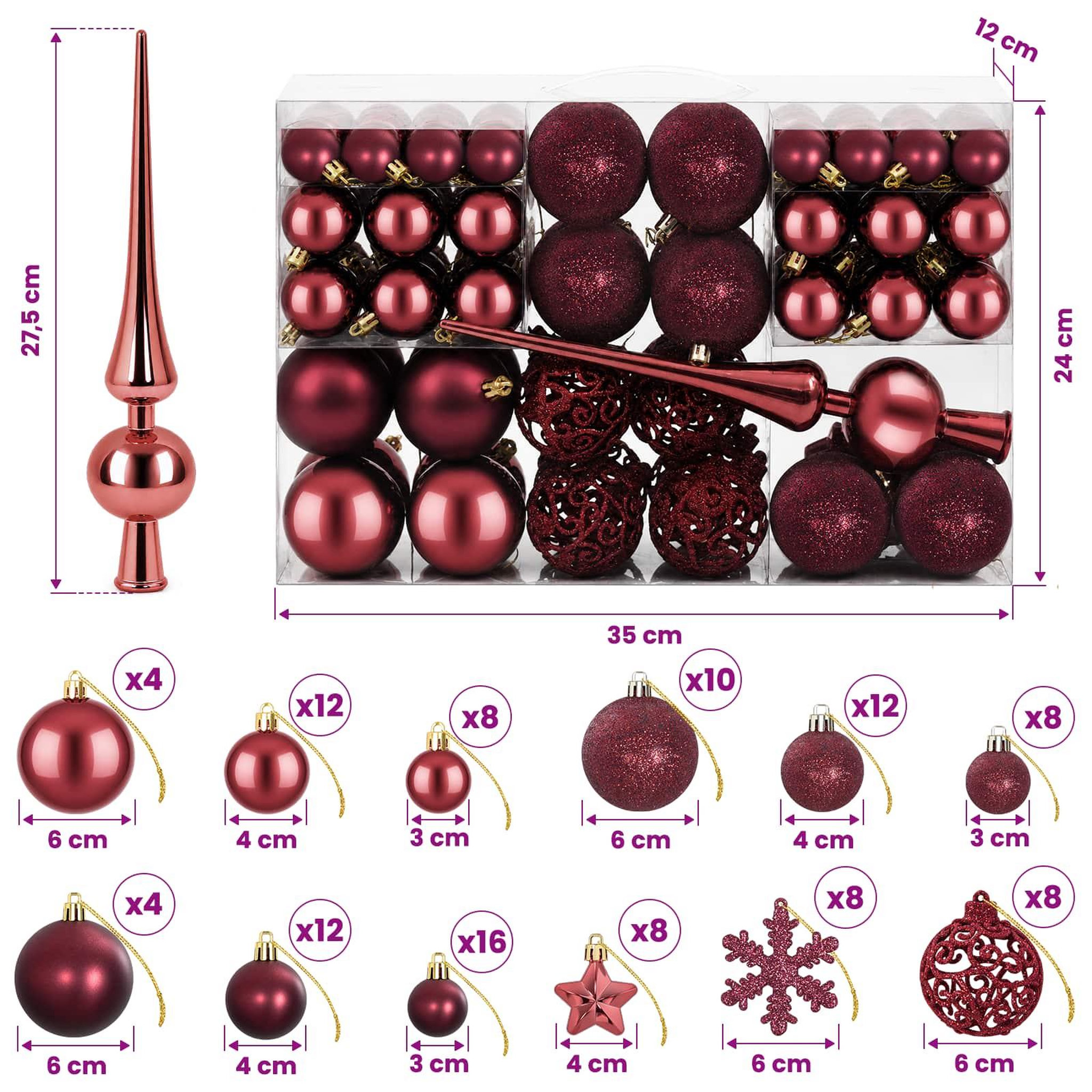 Voir la diapositive 3 : VIDAXL Ensemble de boules de Noël 111 pc Bordeaux Diam. 6 cm