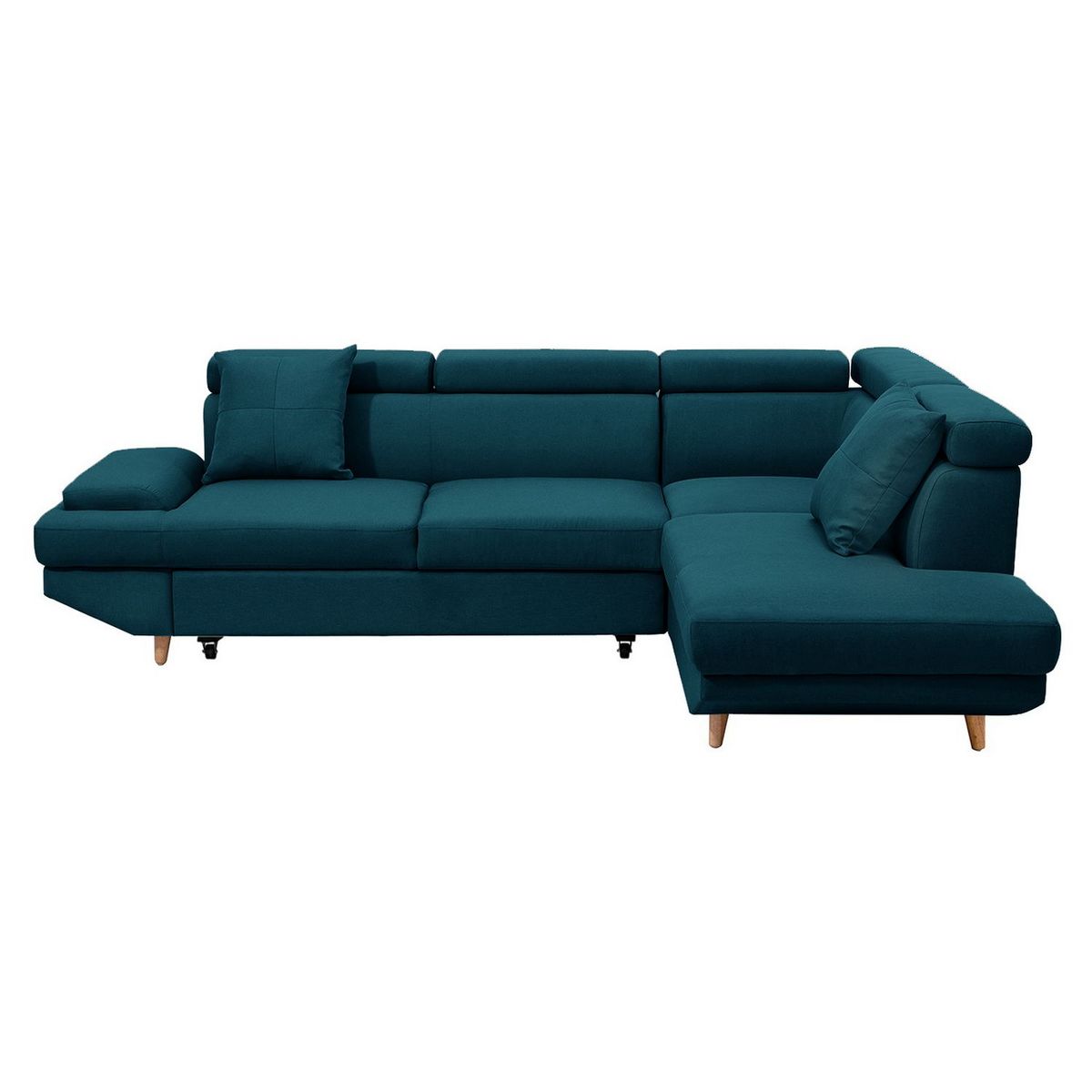 Canapé d'angle droit convertible 5 places tissu pieds bois clair MARIUS 