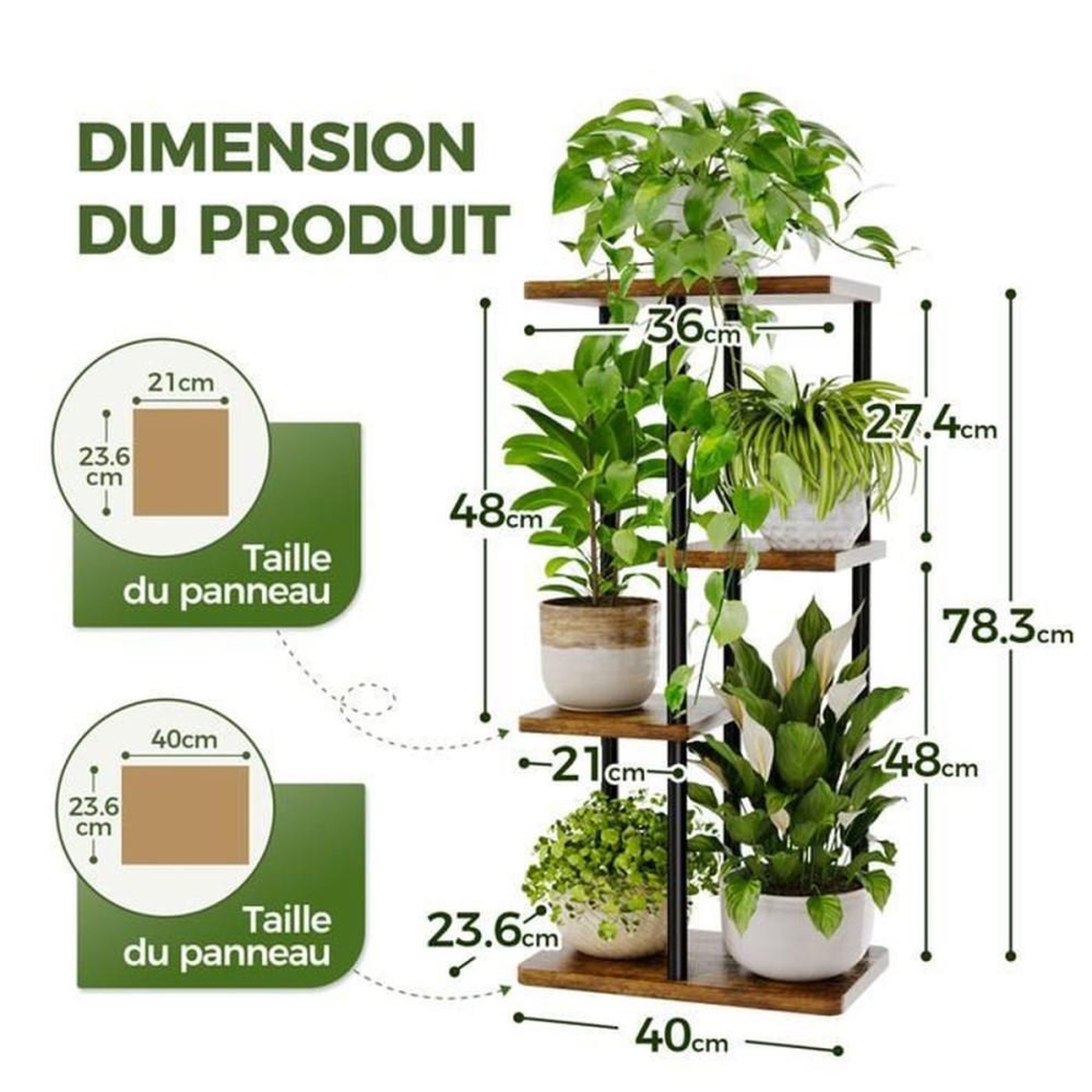 Voir la diapositive 5 : Porte plante à 4 niveaux en métal et MDF brun noir 40 x 23,6 x 78,3 cm