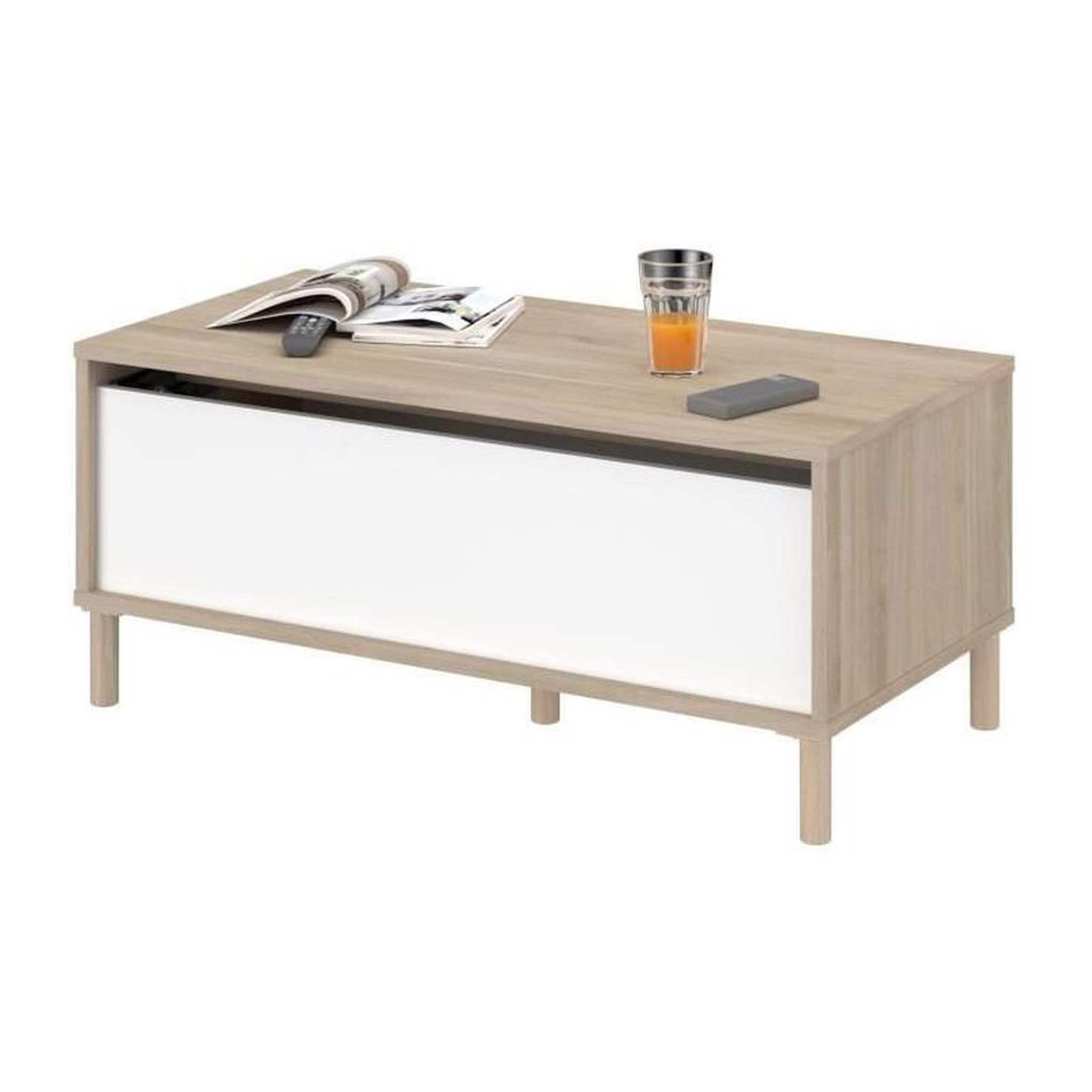 Voir la diapositive 6 : PARISOT Table basse - Rectangulaire - Décor blanc / Chene - Dessus relevable - 4 pieds - 100,8 x 43,6 x 50 cm