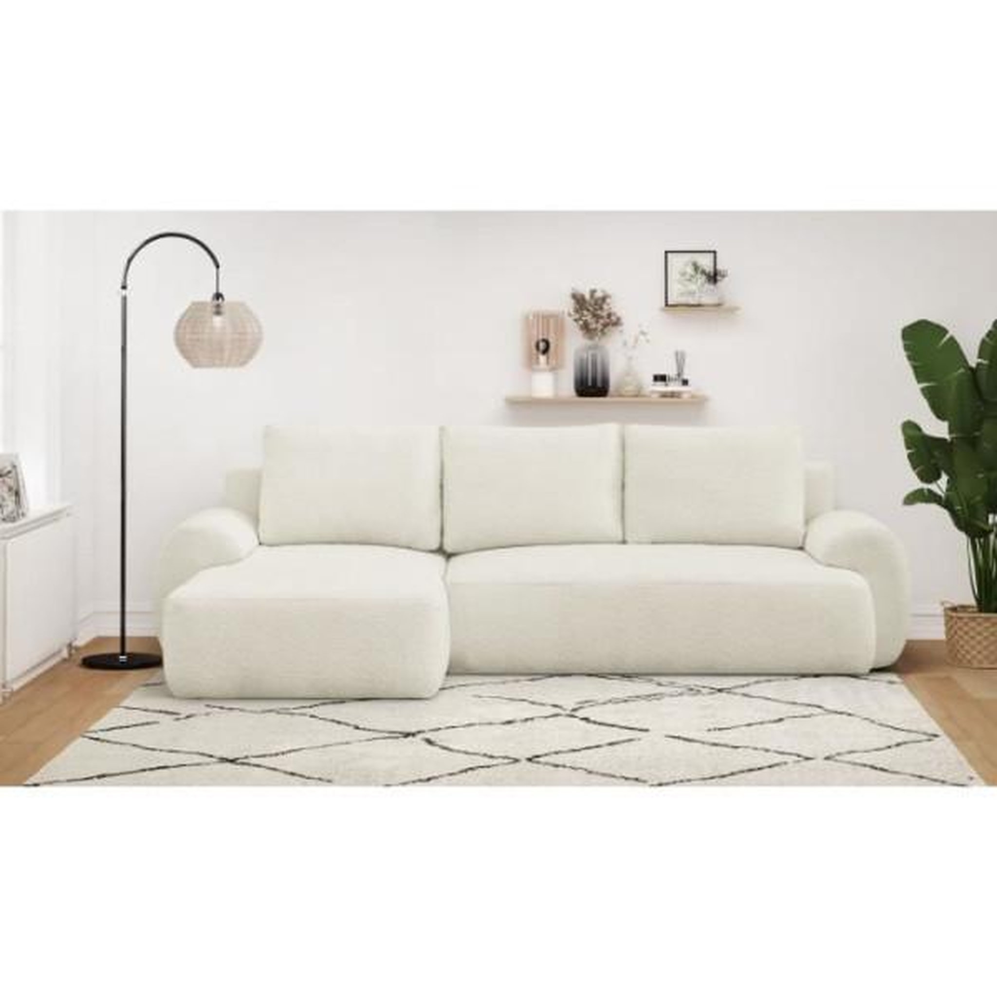 Voir la diapositive 2 : MARKET24 Canapé d'angle gauche convertible 4/5 places MILO - Tissu bouclette beige clair - Coffre de rangement - L 264 x H 84 x P 99/145