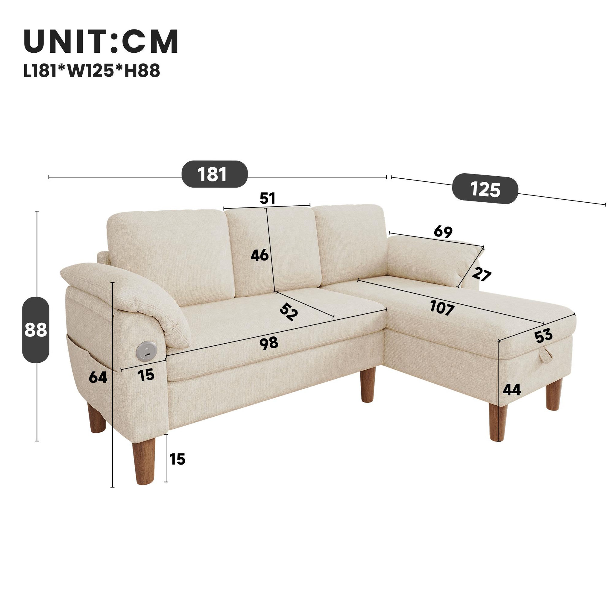 Voir la diapositive 3 : MERAX Canapé d'angle 3 places avec méridienne coffre tissu chenille usb type-c