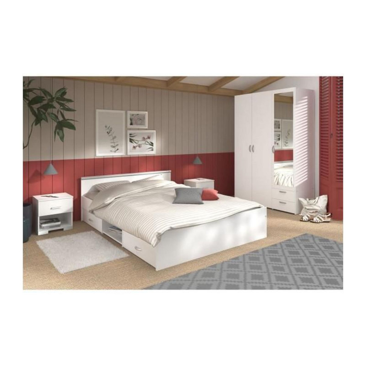 PARISOT Chambre complete ZODIAC : Lit 140x190 avec tiroir + Armoire 3 portes et 2 tiroirs + 2 chevets - Décor Blanc - PARISOT