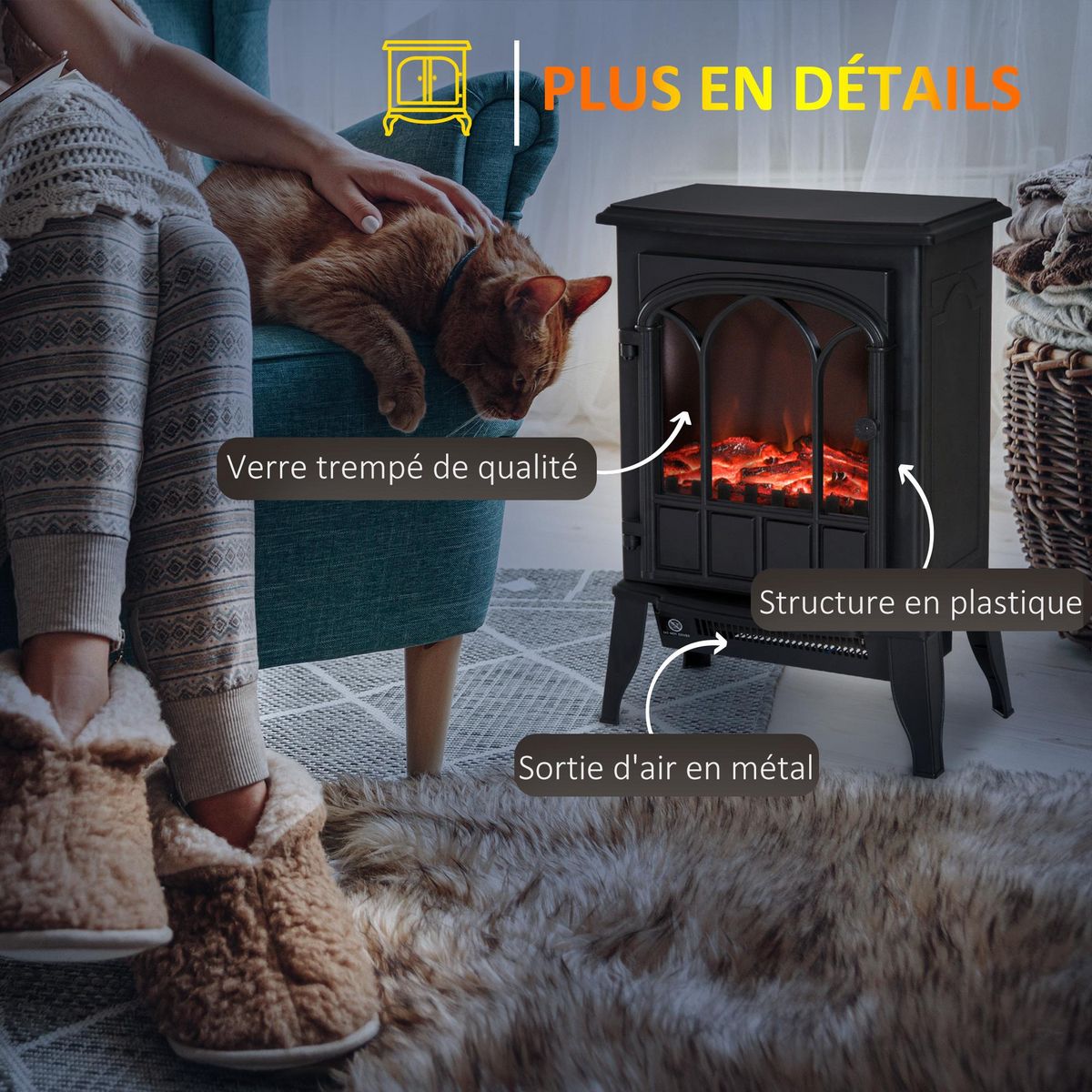 HOMCOM Cheminée électrique poêle style rétro 1000-2000 W simulation flammes LED porte noir