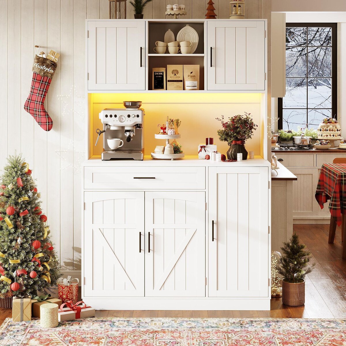 MERAX Buffet de cuisine 5 portes 1 tiroir - 110 cm blanc led mdf