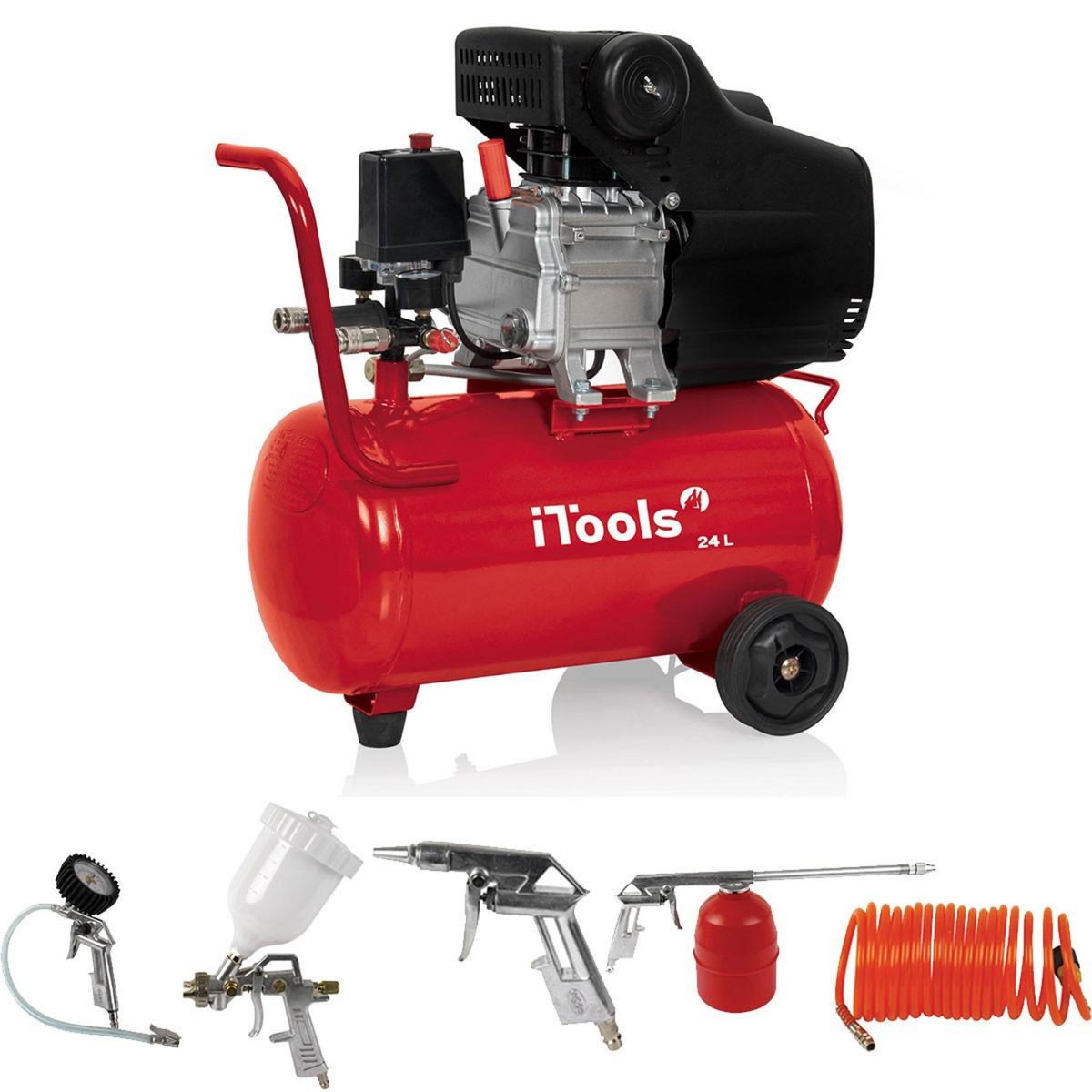 iTools Compresseur d'air 24L 8 bar 2CV 1.5KW 115 PSI + Kit Air comprimé 5 Pièces ITOOLS