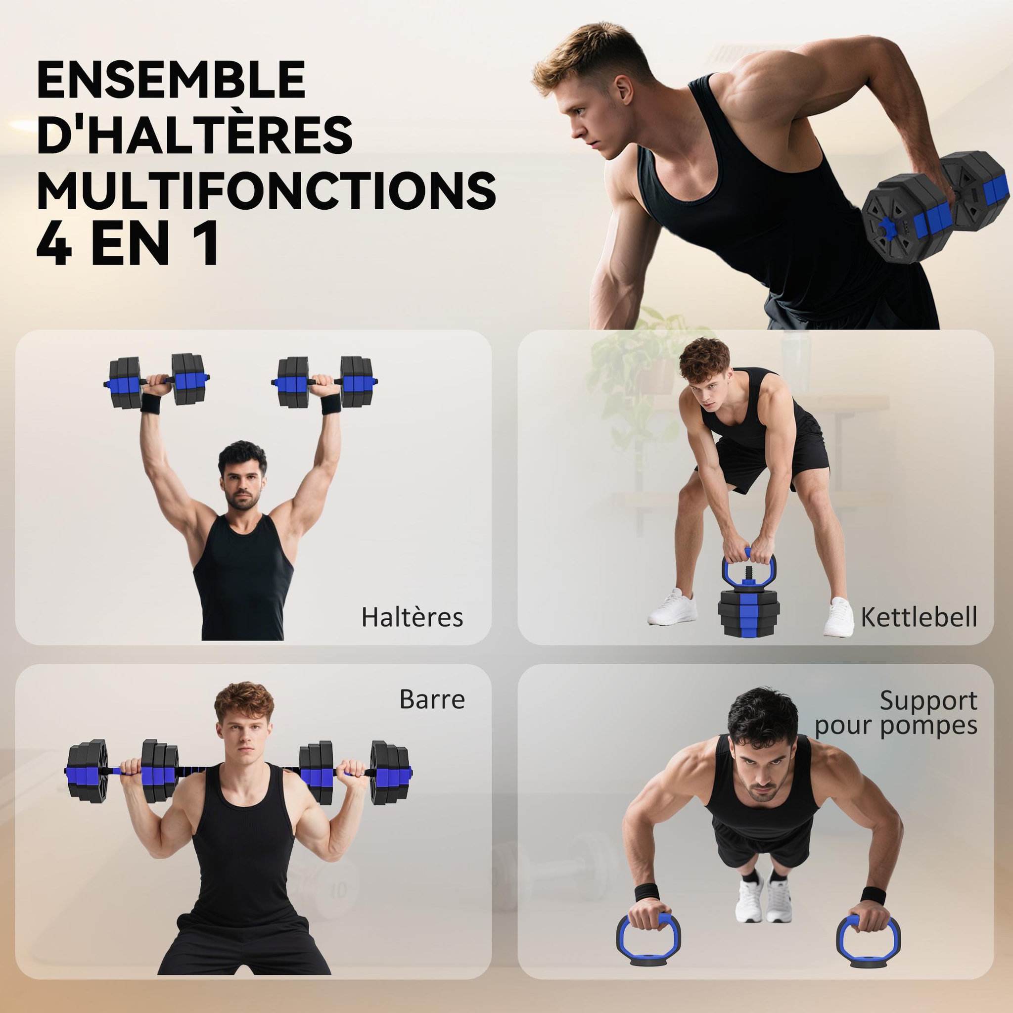 Voir la diapositive 5 : HOMCOM Ensemble d'haltères musculation multifonction 4 en 1 - haltères, kettlebell, push-up support, olympic barre - total 25kg - pvc bleu noir