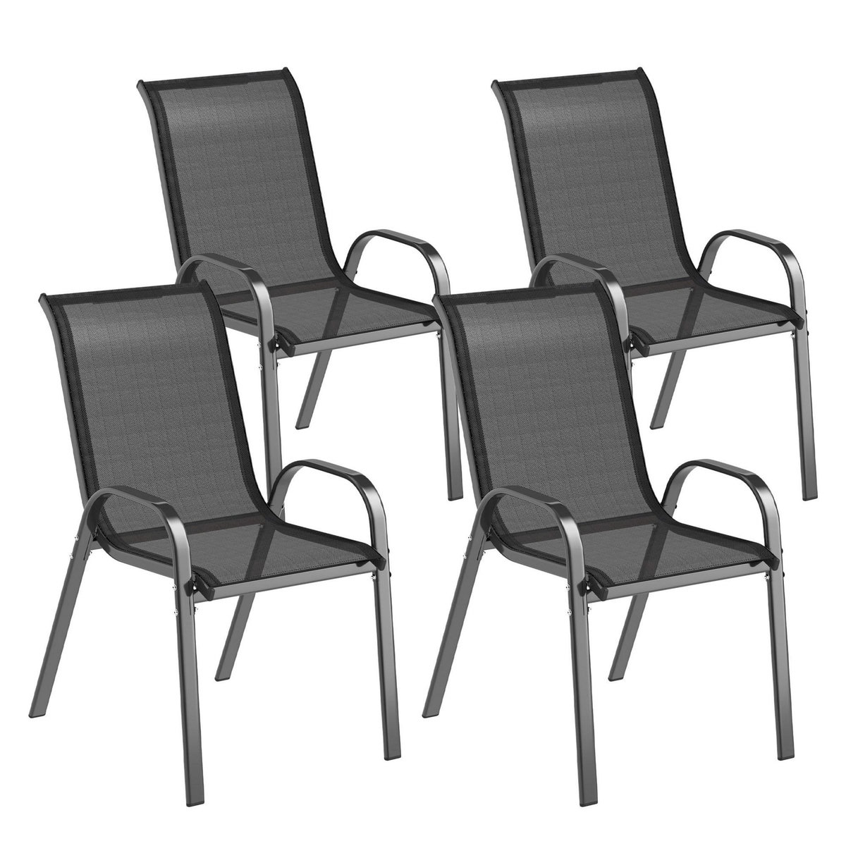 OUTSUNNY Lot de 4 chaises de jardin empilables - assise ergonomique, haut dossier, accoudoirs - acier textilène noir
