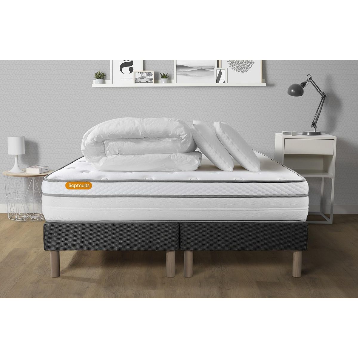 SEPTNUITS Pack matelas + double sommiers gris  Memo Luxe Ressorts ensachés + mémoire de forme 5 zones de confort