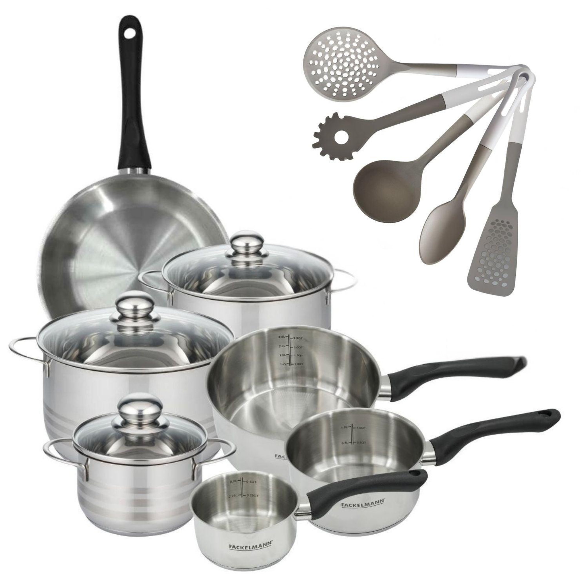 Fackelmann Batterie de cuisine avec 3 faitouts 16/20/24 cm et 3 casseroles 12/16/20 cm avec 5 ustensiles de cuisine fackelmann généva brillant vario