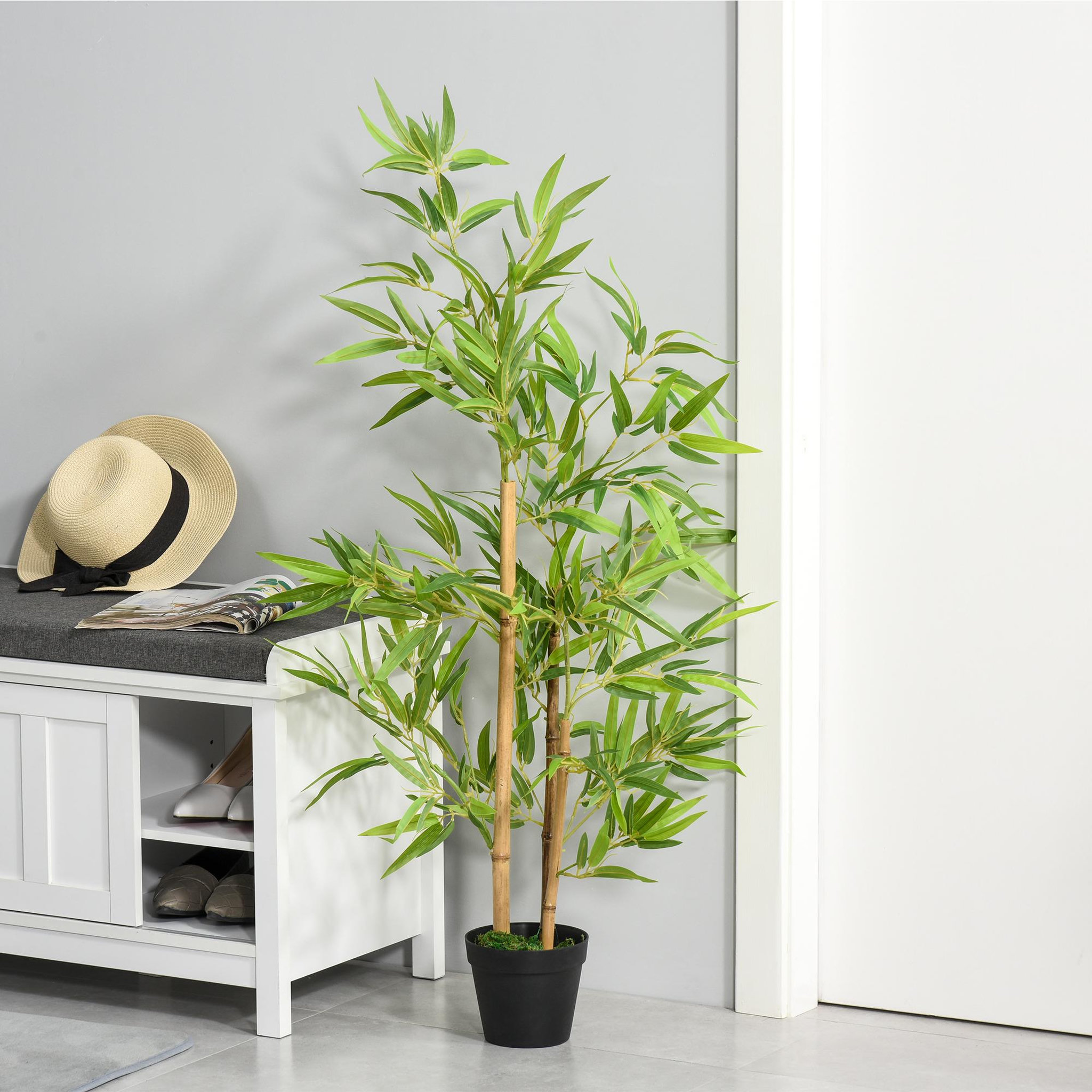 Voir la diapositive 2 : OUTSUNNY Bambous artificiels 1,20H m - lot de 2 bambous artificiels - 369 feuilles réalistes par bambou avec vrais troncs - pot inclus noir vert
