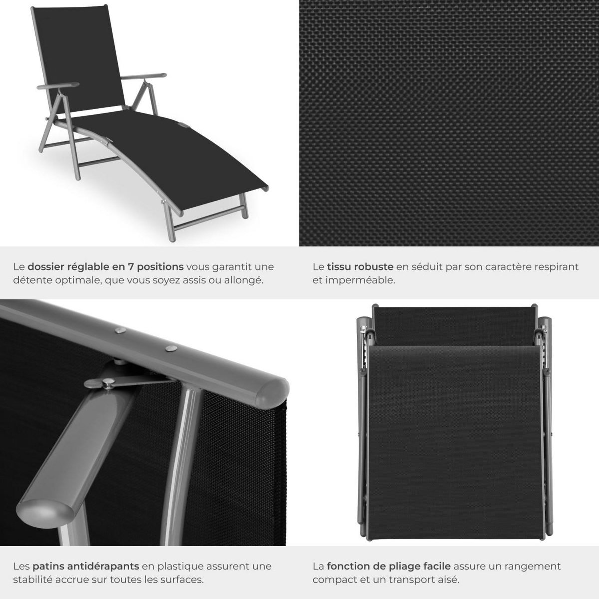 tectake Transat en acier pliable gris foncé