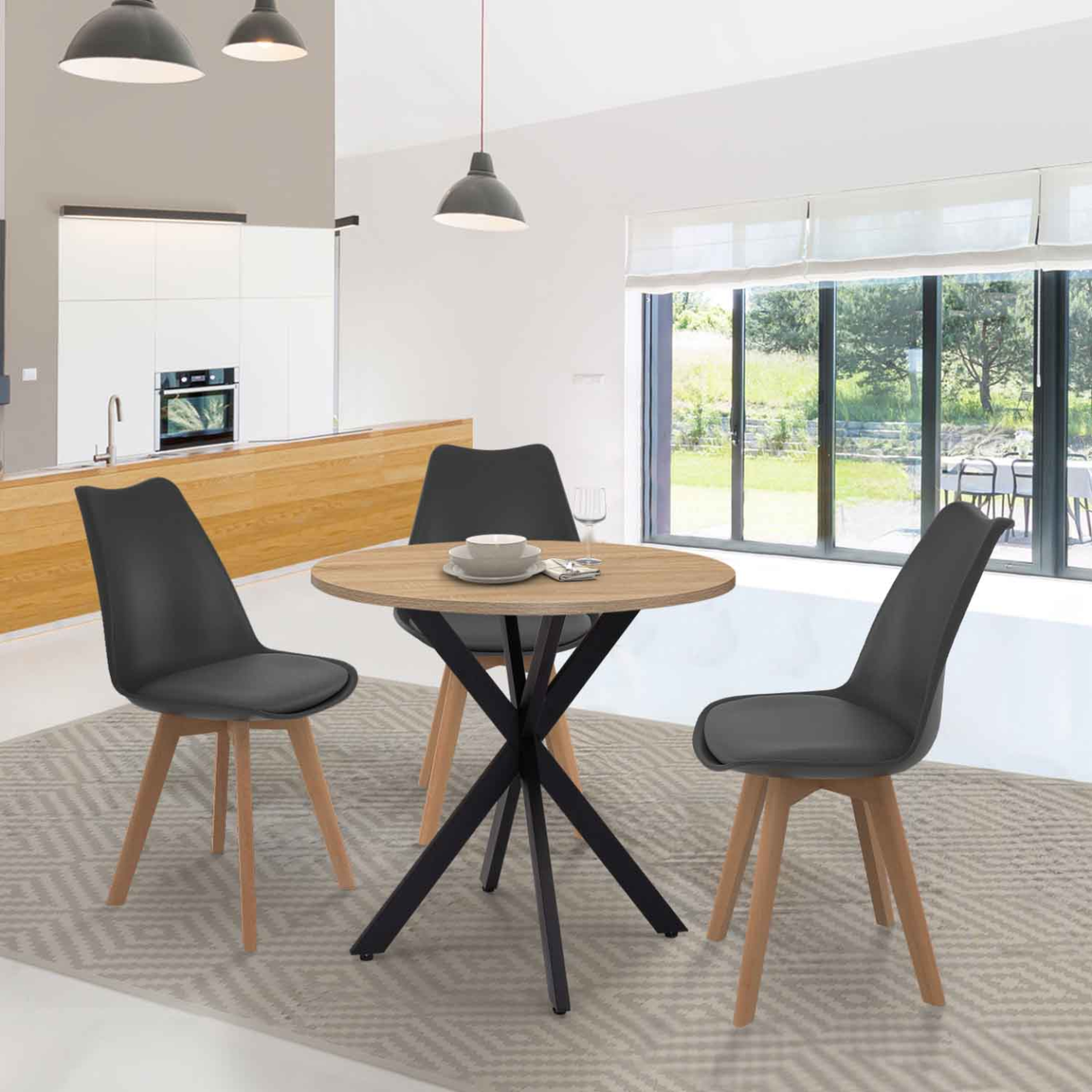 Voir la diapositive 2 : ID MARKET Table à manger ronde alix 4 personnes pied araignée bois et noir 80 cm