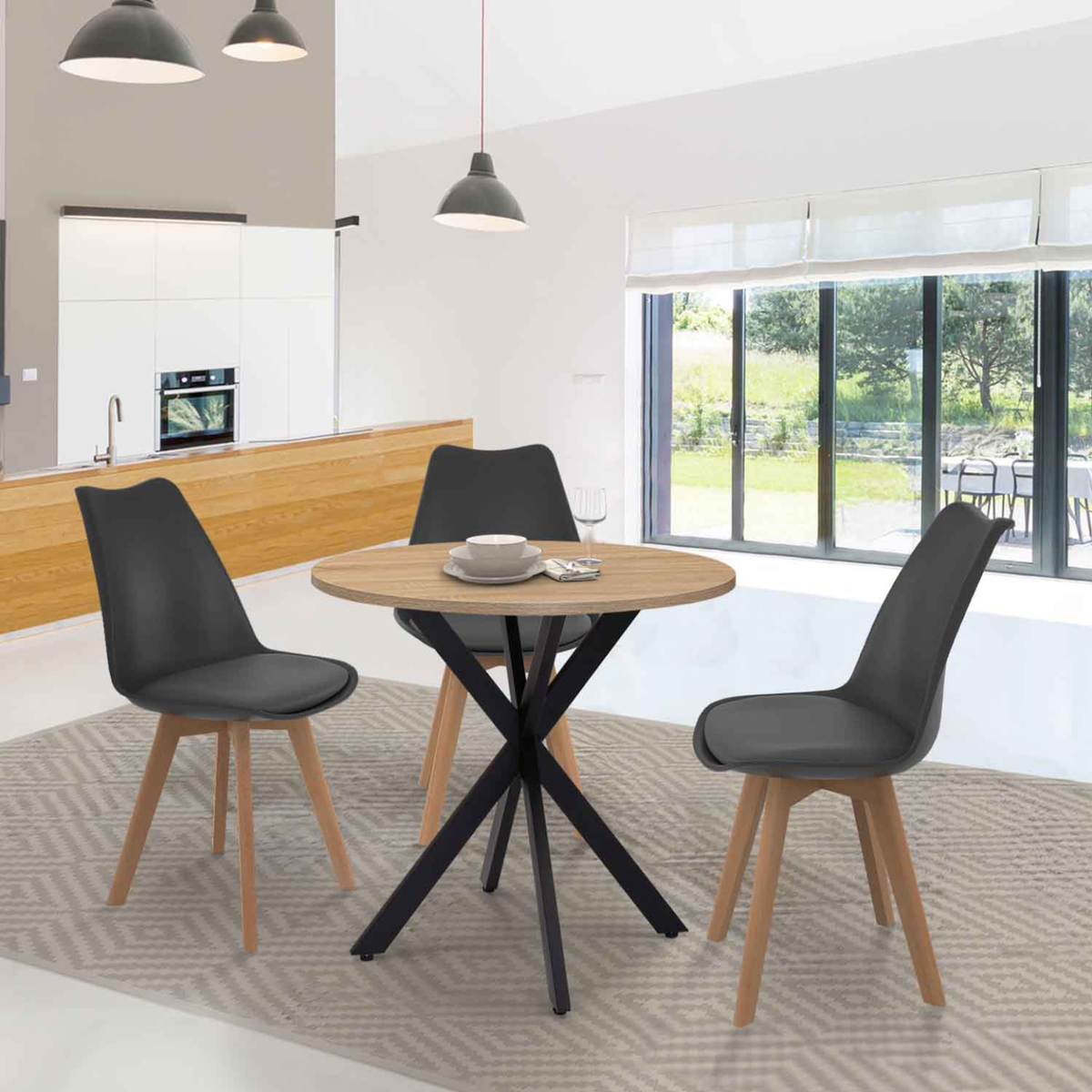 ID MARKET Table à manger ronde ALIX 4 personnes pied araignée bois et noir 80 cm