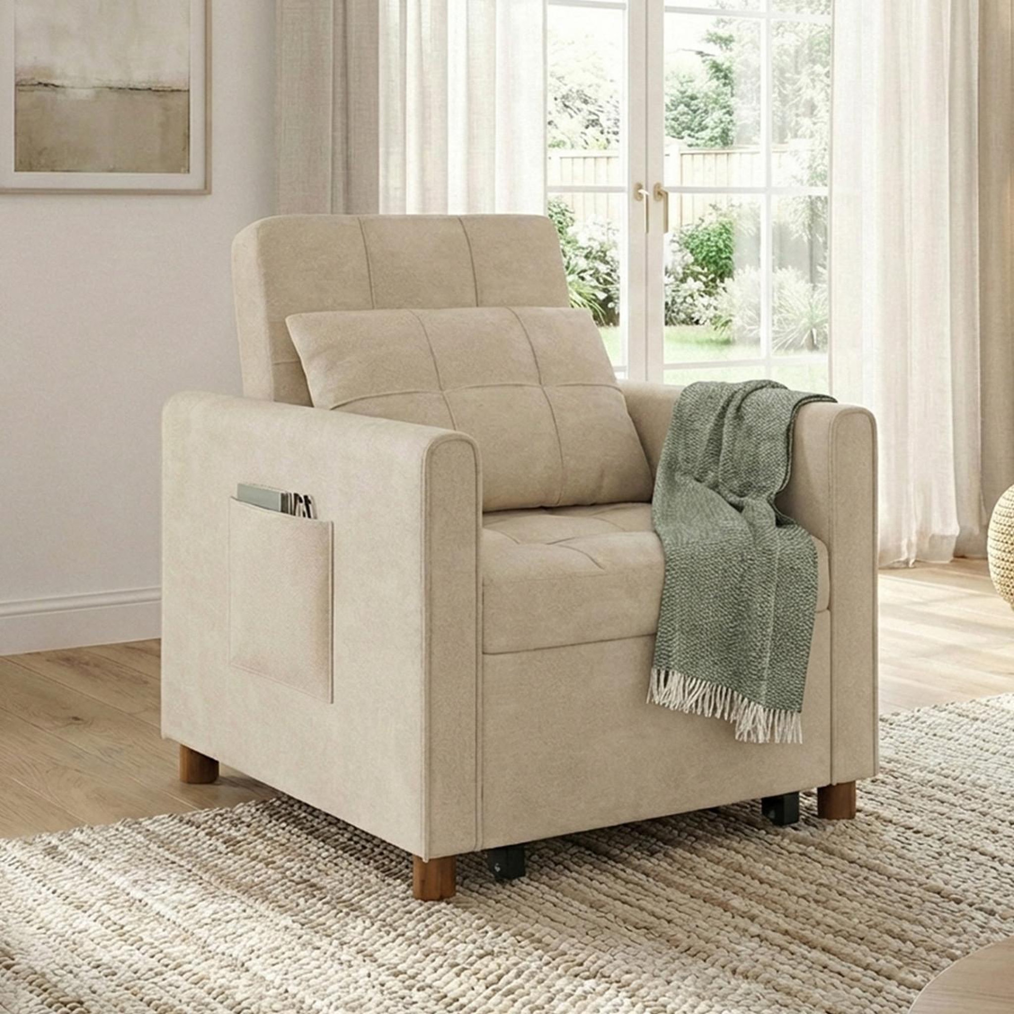 Voir la diapositive 2 : ID MARKET Fauteuil convertible emile lit d'appoint 1 place 69 x 170 cm tissu chenille beige