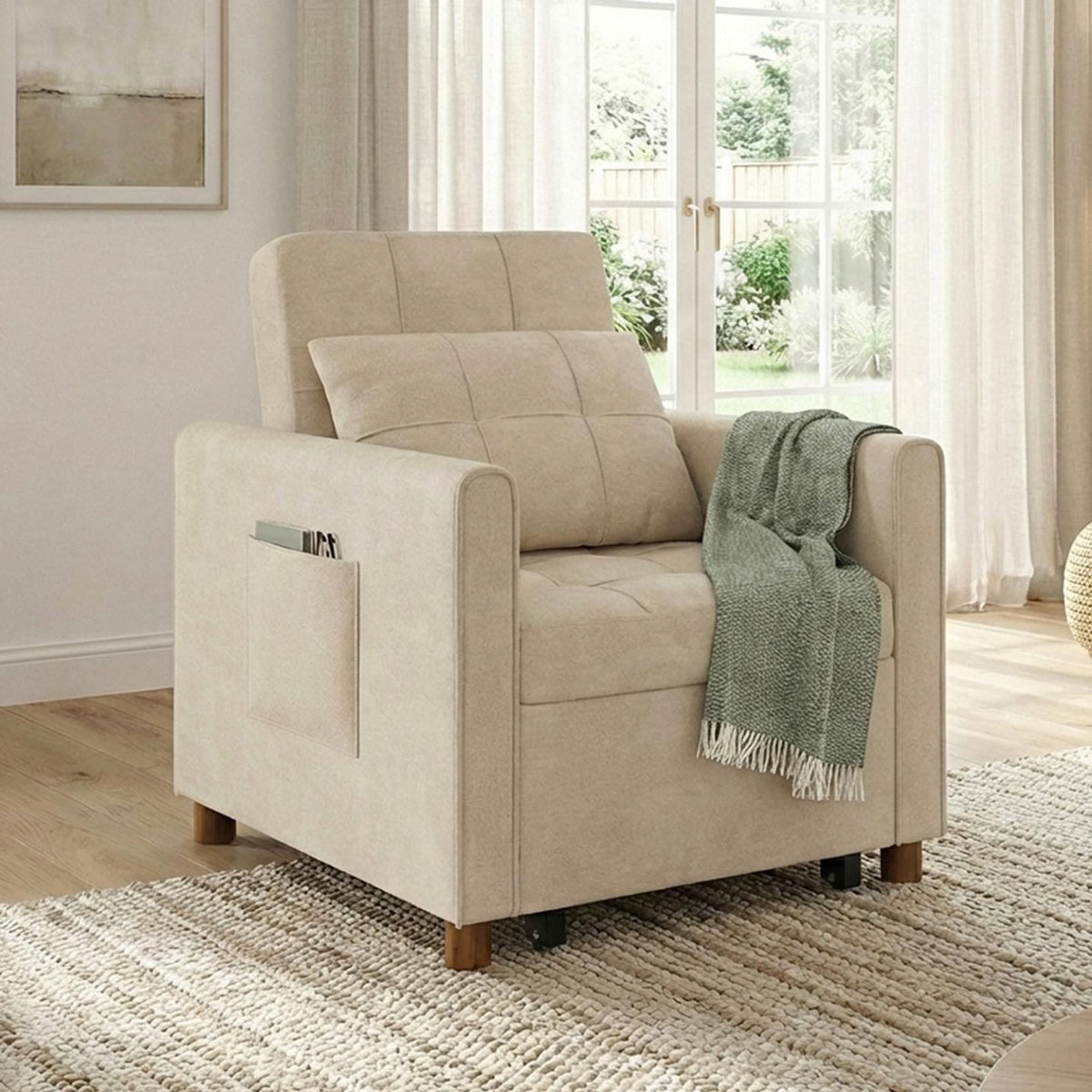 ID MARKET Fauteuil convertible EMILE lit d'appoint 1 place 69 x 170 cm tissu chenille beige