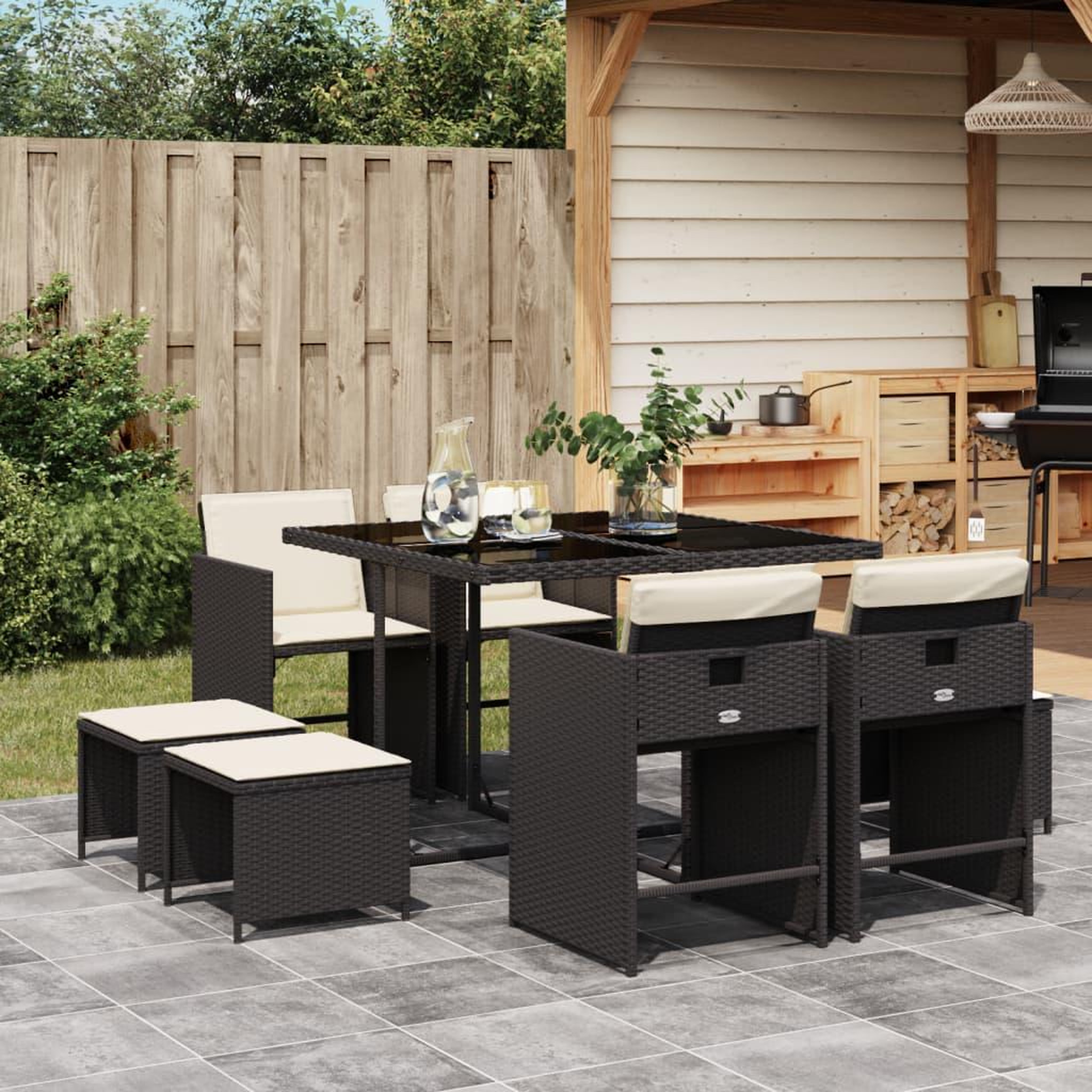 VIDAXL Ensemble a manger de jardin 9pcs coussins noir resine tressee
