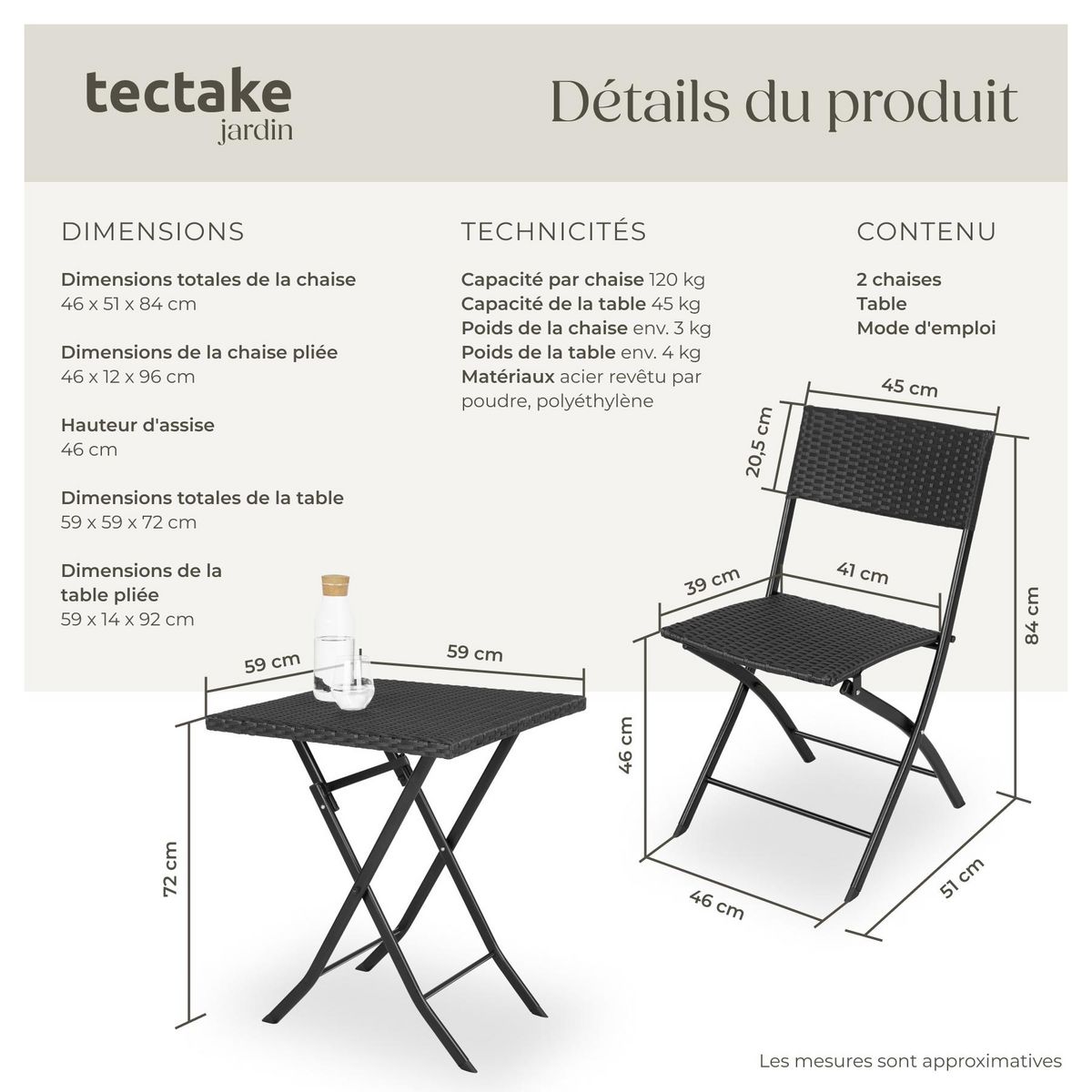 tectake Salon de jardin pour 2 personnes noir