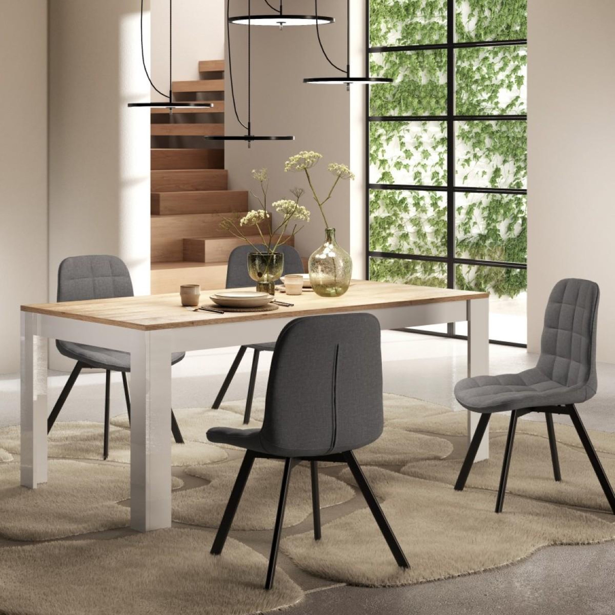 Voir la diapositive 3 : JLC KREATION Table à manger moderne laqué blanc et bois 180cm ARIA
