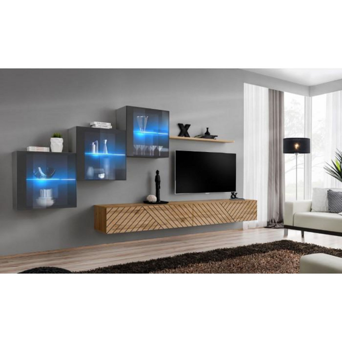 Paris Prix Ensemble Meuble TV  Switch Lamel XX  330cm Naturel & Gris