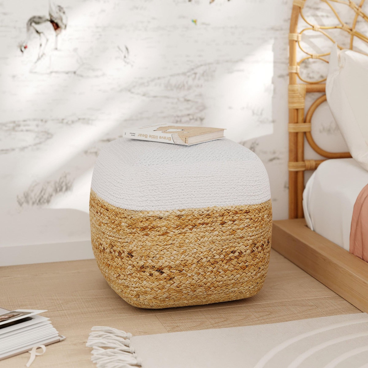 Rendez vous déco Pouf en jute beige et blanc D40 cm-Billy