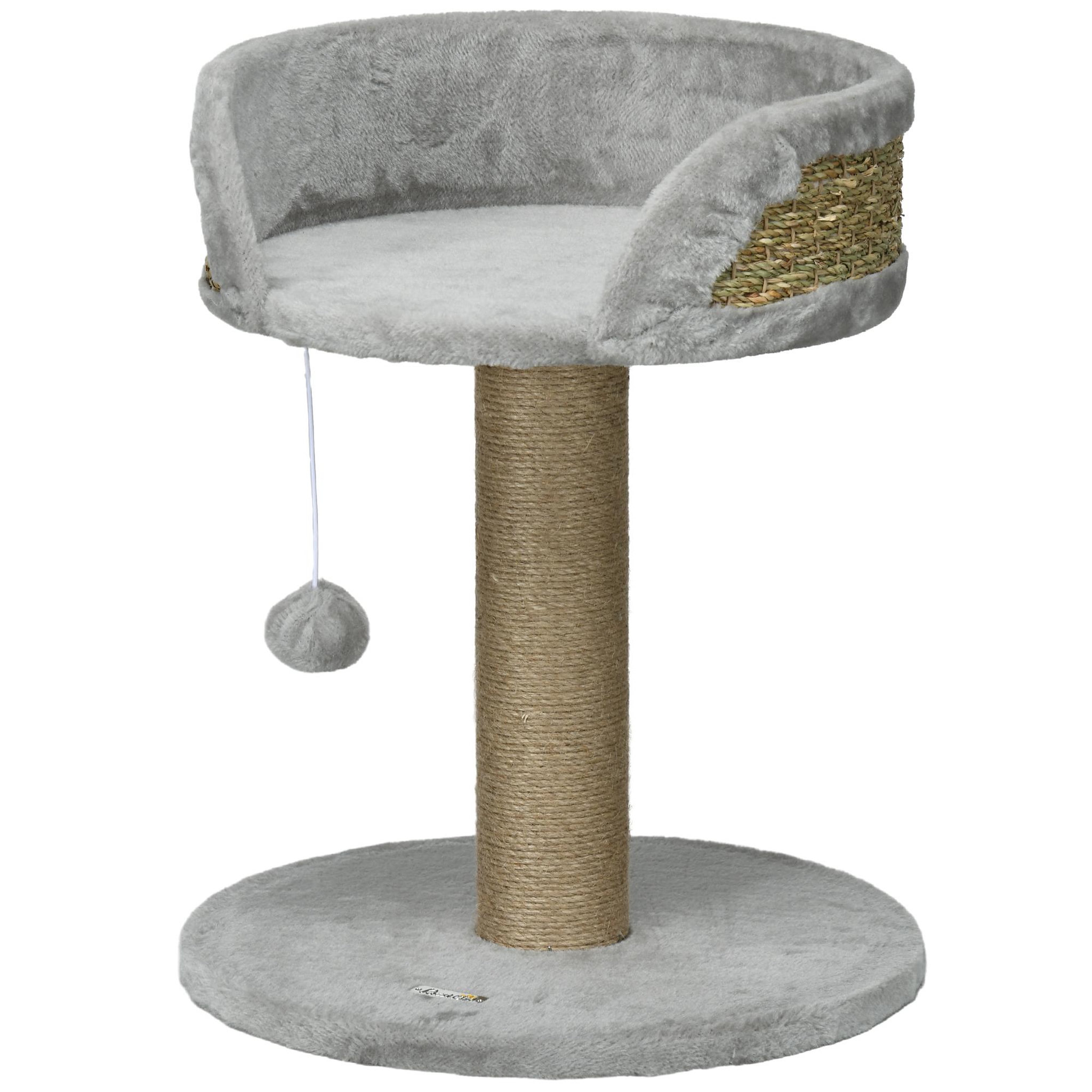 PAWHUT Arbre à chat griffoir 2 niveaux h. 49 cm - poteau sisal, plateforme observation, jeu de boule suspendue - jute polyester gris