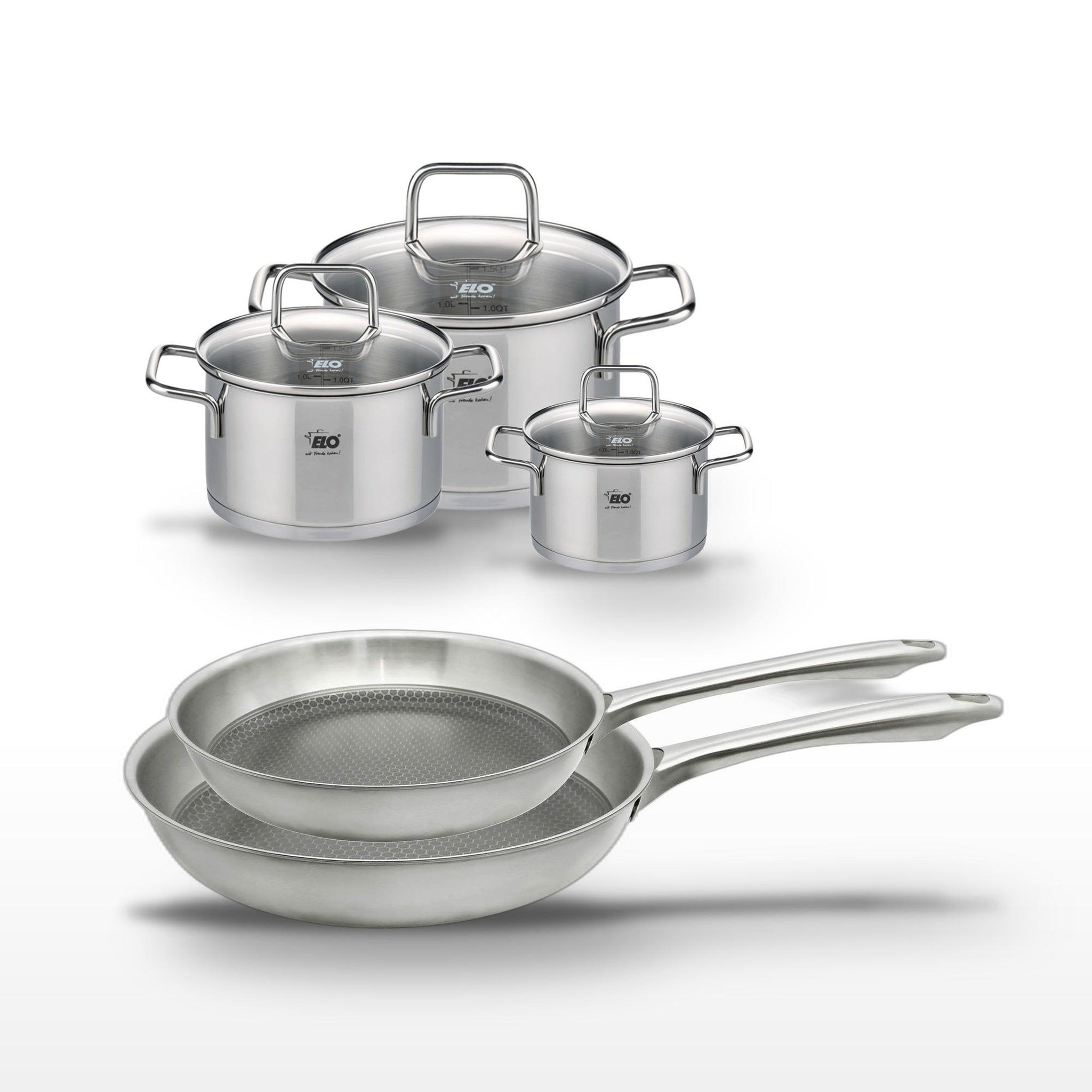 ELO Lot de 2 poêles 24/28 cm elo relief passion et 3 faitouts en inox elo citrin