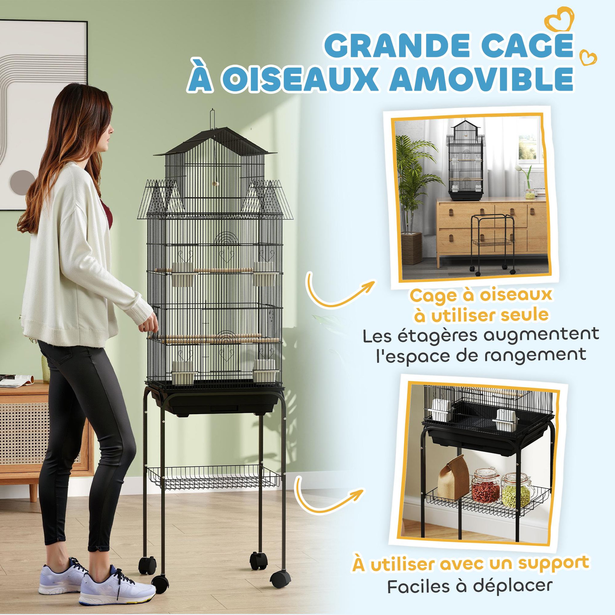 Voir la diapositive 4 : PAWHUT Cage à oiseaux design maison sur roulettes mangeoires perchoirs balançoire grande porte 8 trappes plateau déjection