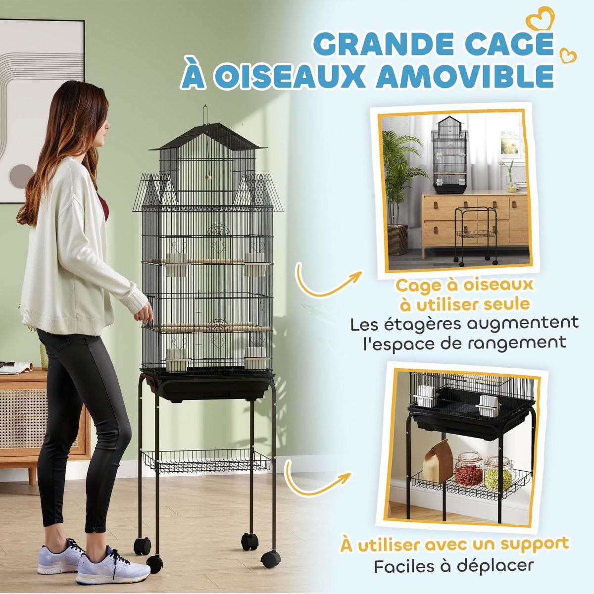 PAWHUT Cage à oiseaux design maison sur roulettes mangeoires perchoirs balançoire grande porte 8 trappes plateau déjection