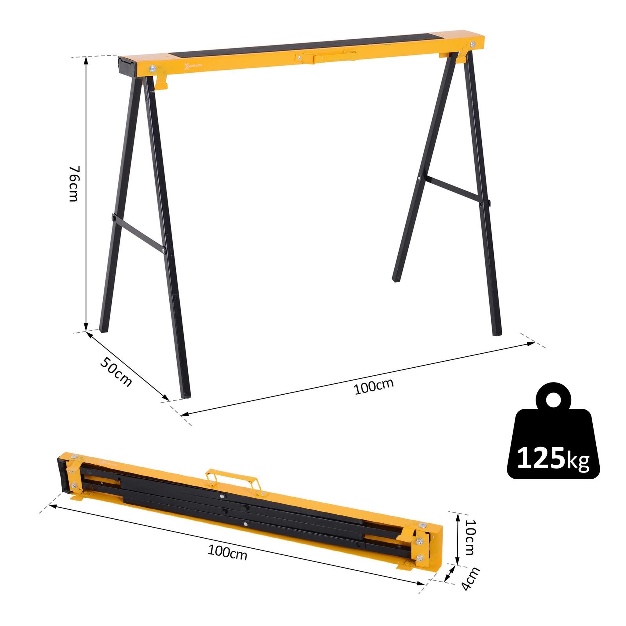 Voir la diapositive 3 : HOMCOM HOMCOM Lot de 2 tréteaux pliables compactes poignée transport dim. 100L x 50l x 76H cm surface antidérapante métal noir jaune