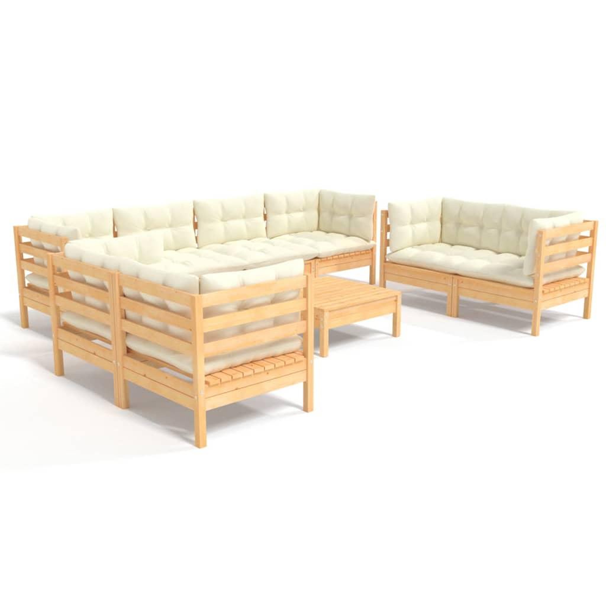 Voir la diapositive 2 : VIDAXL Salon de jardin 9 pcs avec coussins creme bois de pin massif