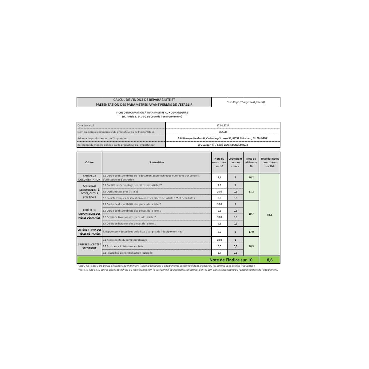 BOSCH Lave-linge hublot 8kg 1200 tours/min - WGE03207FR