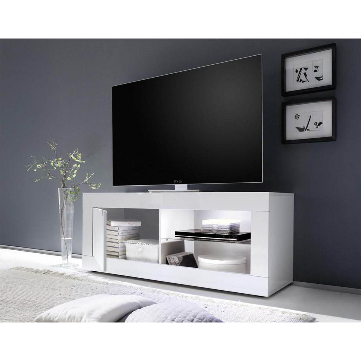 BEST MOBILIER Milo - meuble tv - blanc - 2 niches et 1 porte - 140 cm